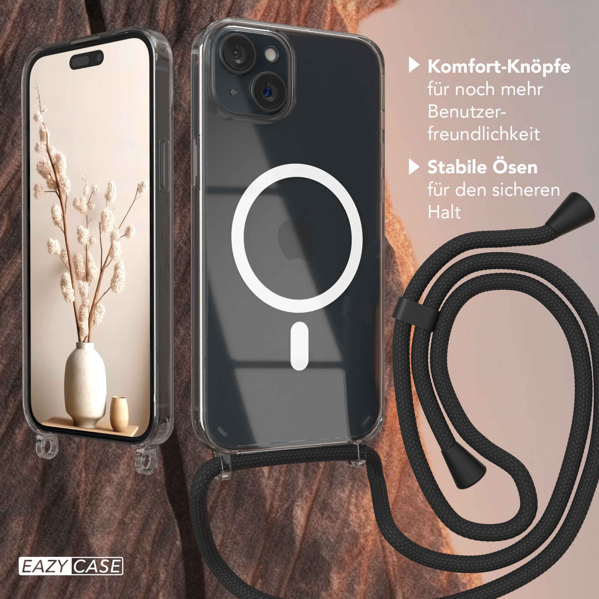 Transparente Handyhülle mit Telefon, schwarzem Band und dem Text 'EAZY CASE'.
