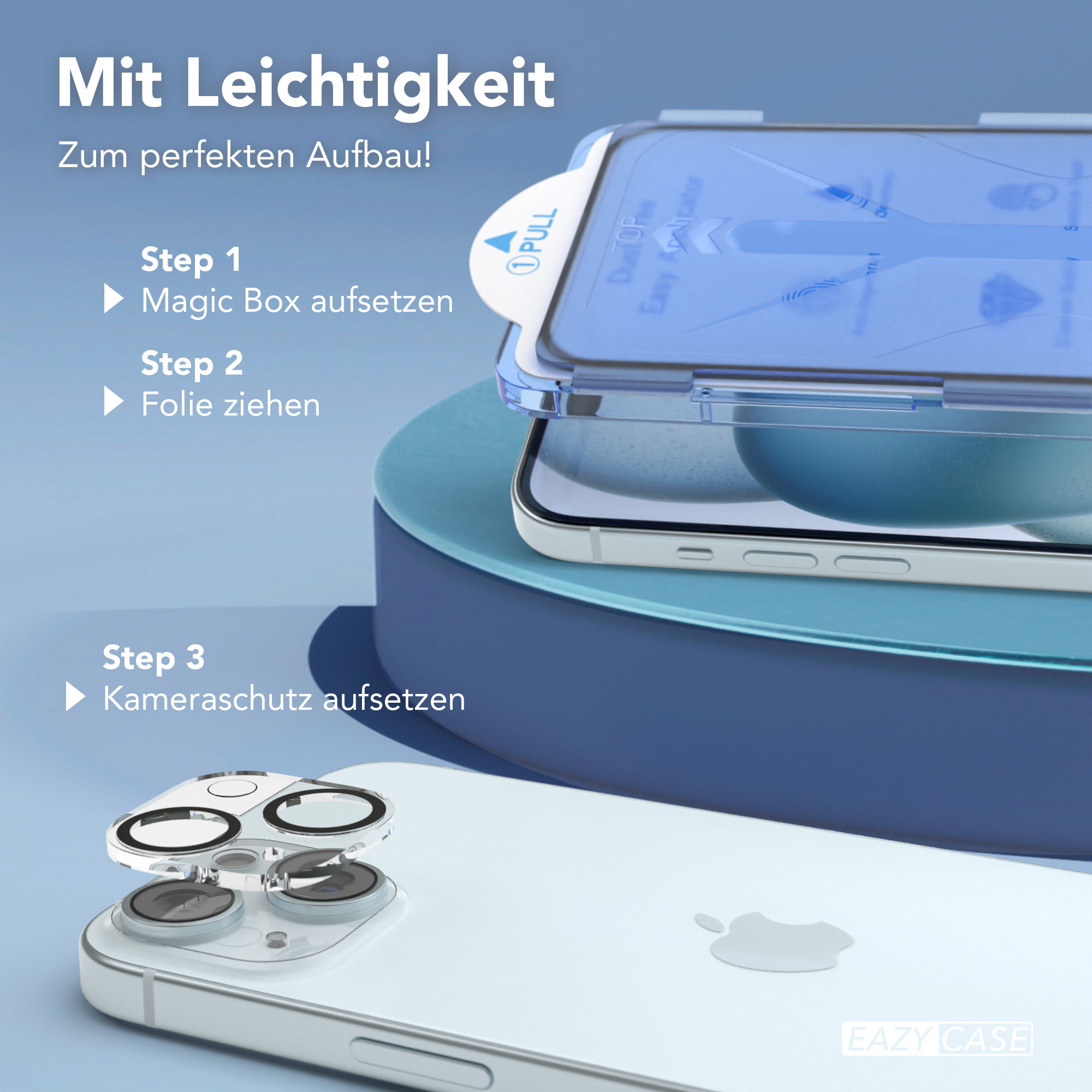 Ein Telefon mit angebrachter Displayschutzfolie. Schritte: Magic Box anbringen, Folie abziehen, Kameraschutz installieren.