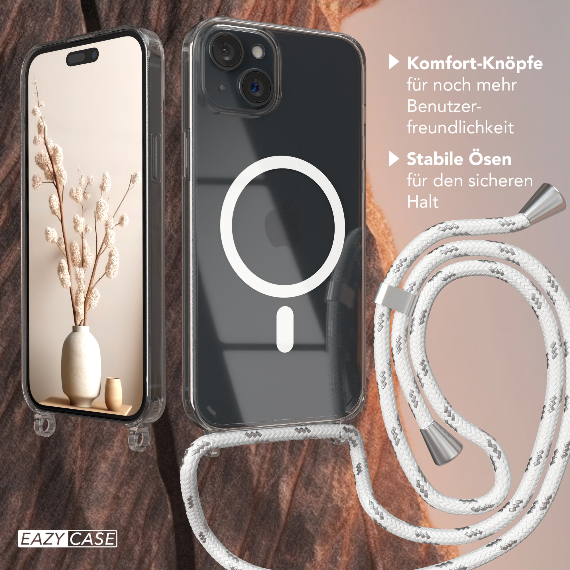 Zwei Telefone mit Hüllen und weißem Kabel. Ein Telefon hat ein weißes Kreissymbol.