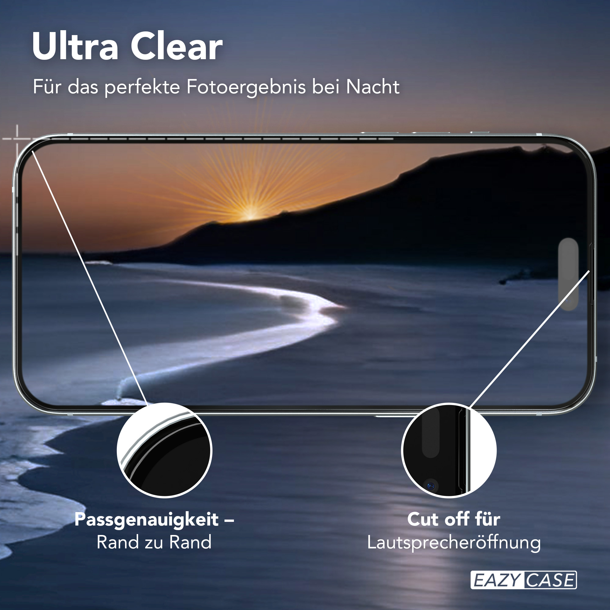 Telefonbildschirm zeigt Sonnenuntergang über Wasser, mit klarer Handyhülle.