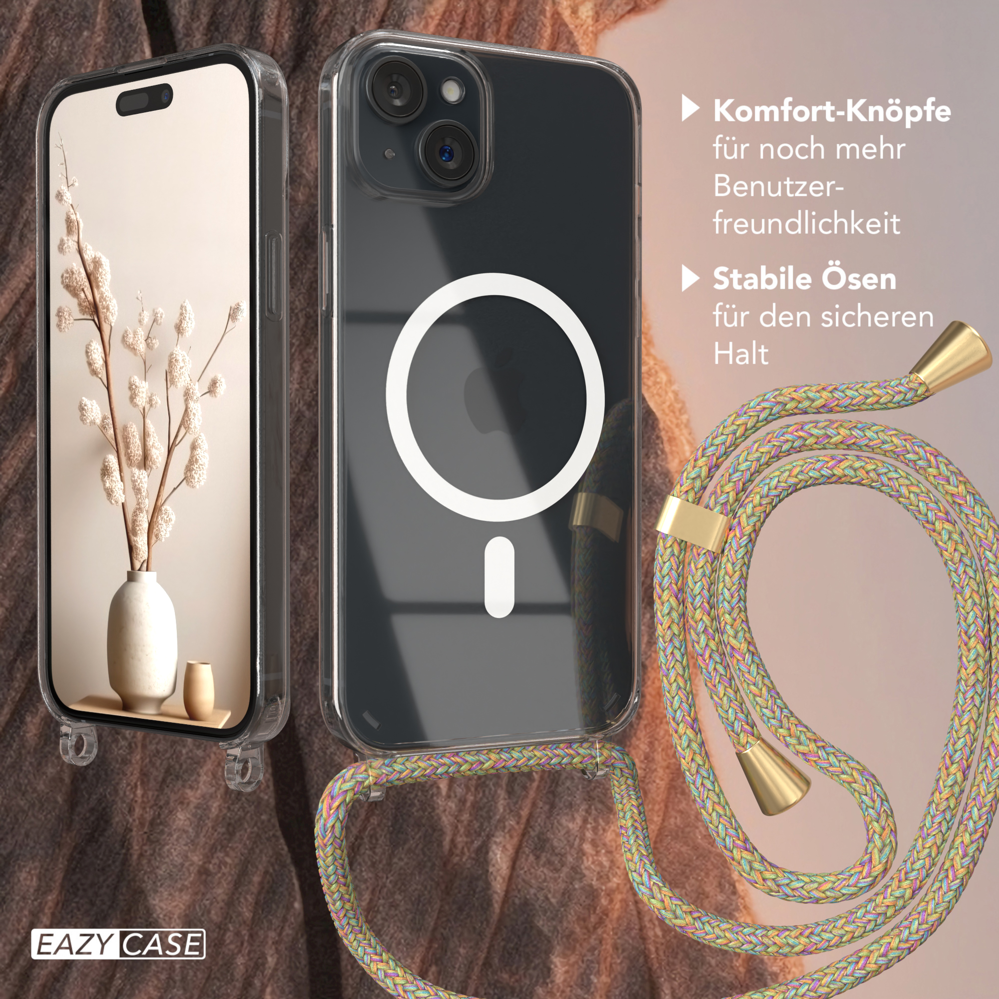 Telefon mit Hülle und Riemen. Text: 'Komfort-Knöpfe' und 'Stabile Ösen'.
