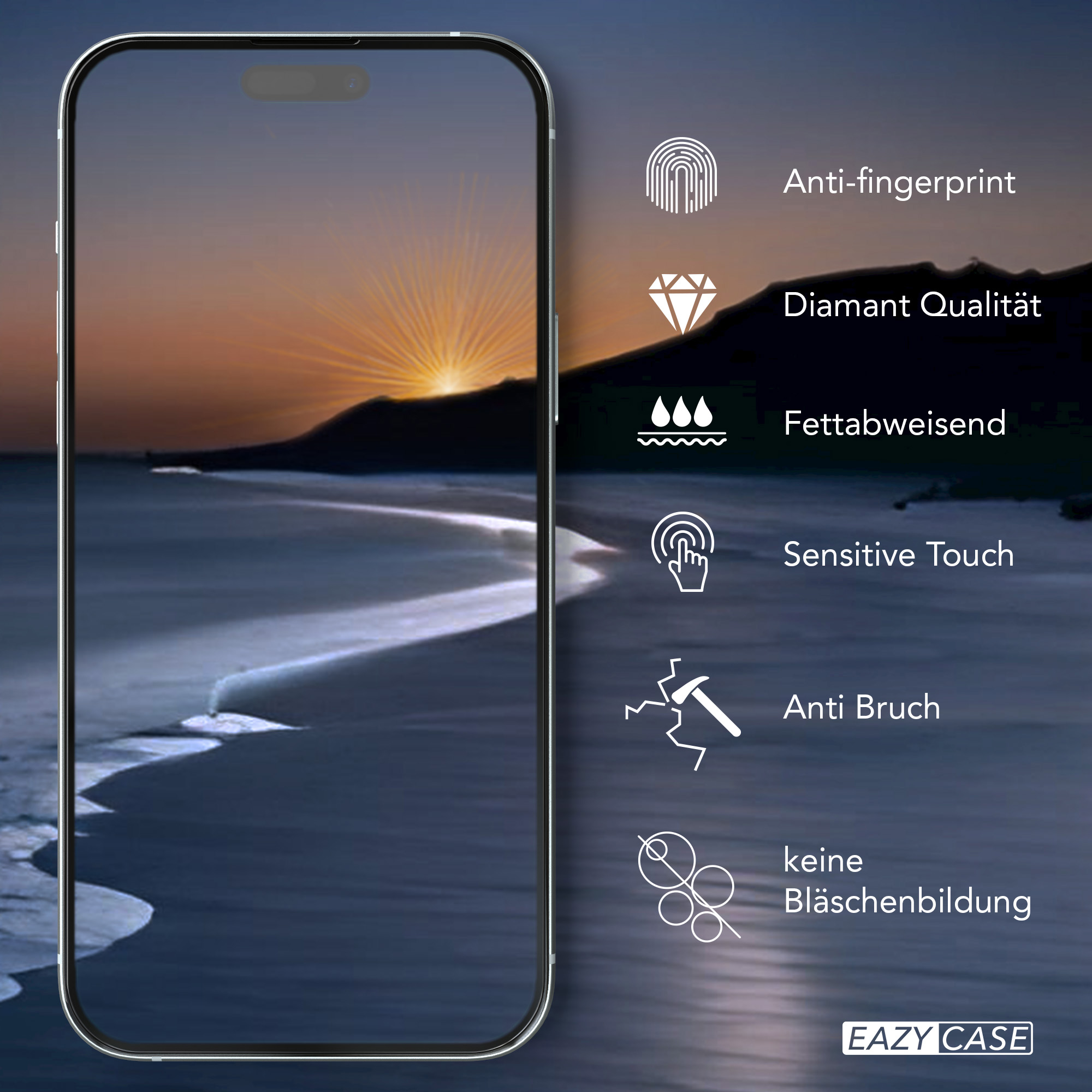Handybildschirm mit Text und Symbolen auf Strandsonnenuntergang.