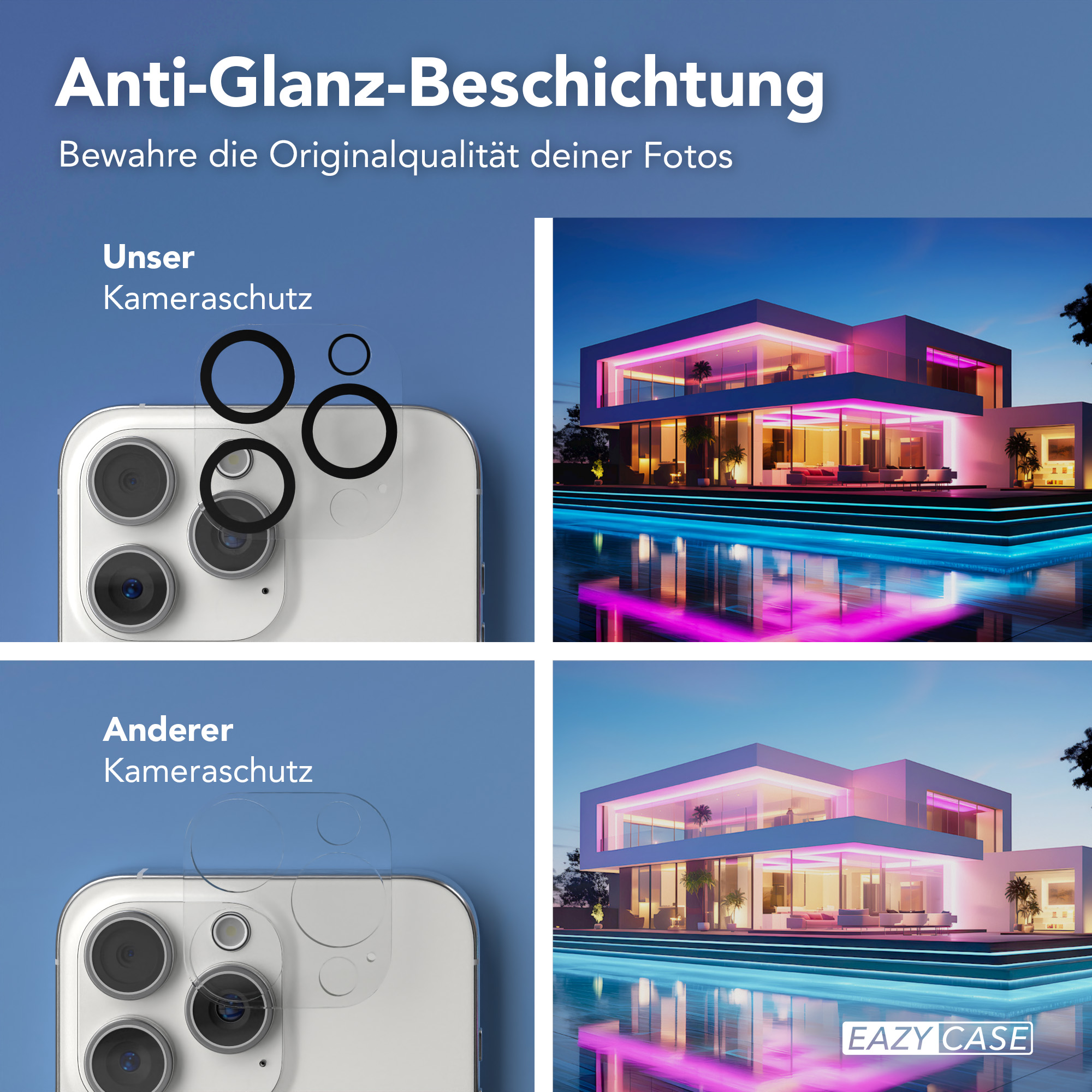 Fotos, die Kameraschutzfolien für Telefone zeigen. Zwei Telefone, mit und ohne Schutz.