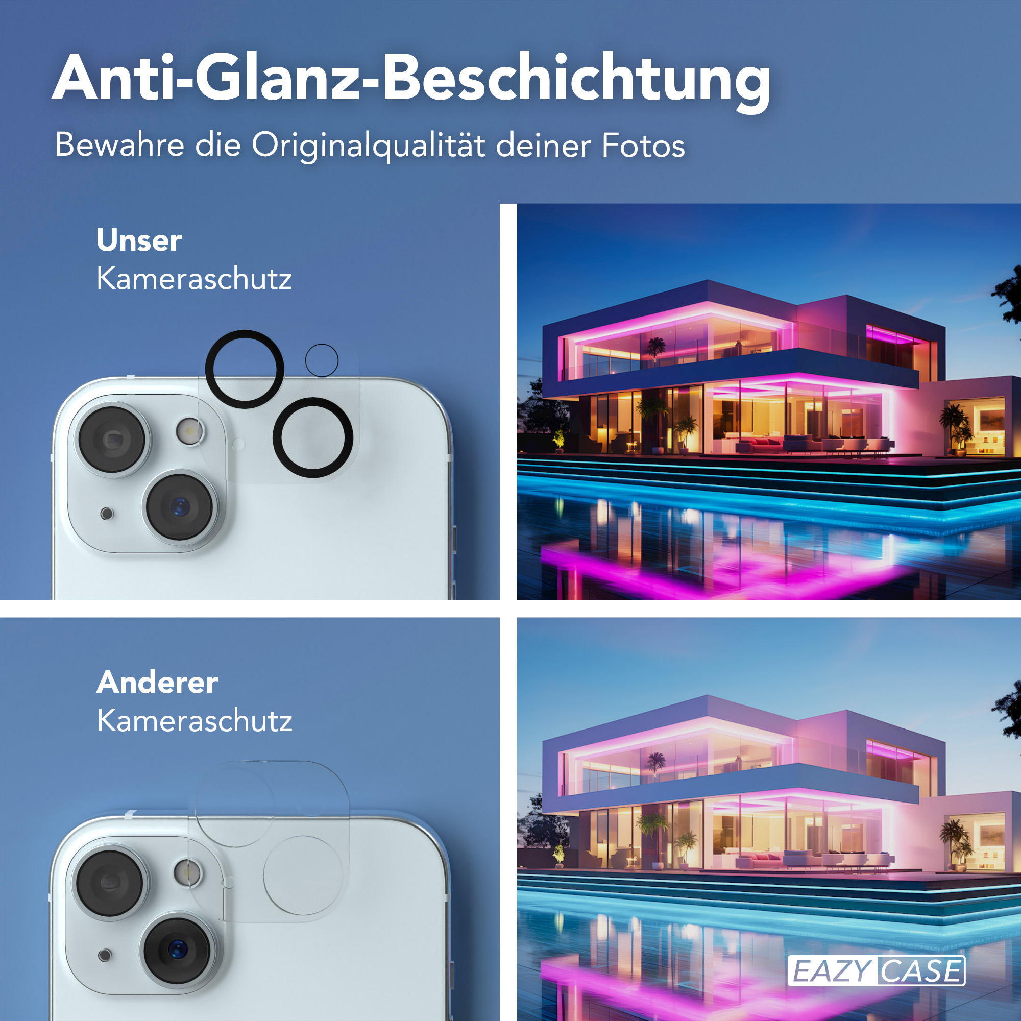 Zwei Bilder von iPhone-Kameras, eines mit und eines ohne Kameraschutz.