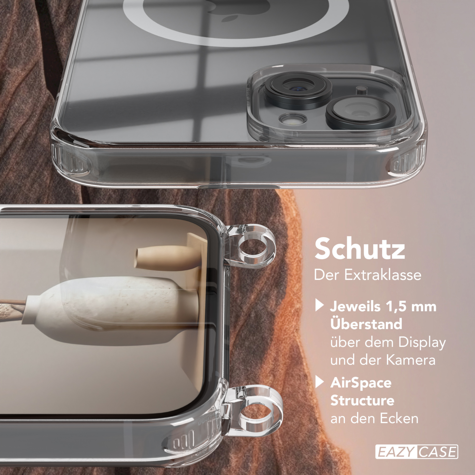 Nahaufnahme einer transparenten Handyhülle auf braunem Hintergrund.