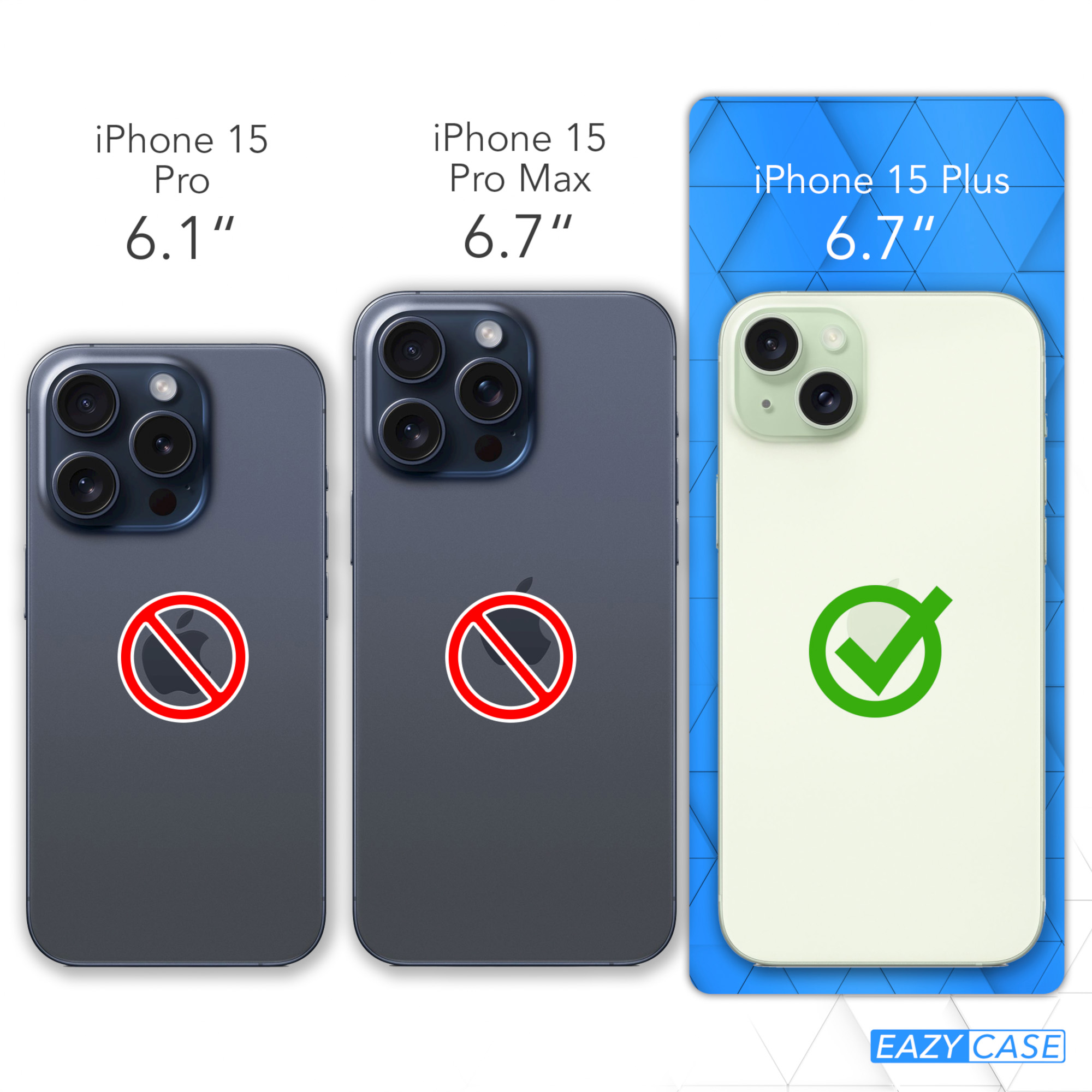 Vergleich der Größen von iPhone 15 Pro und Pro Max, wobei das iPhone 15 Plus grün hervorgehoben ist.