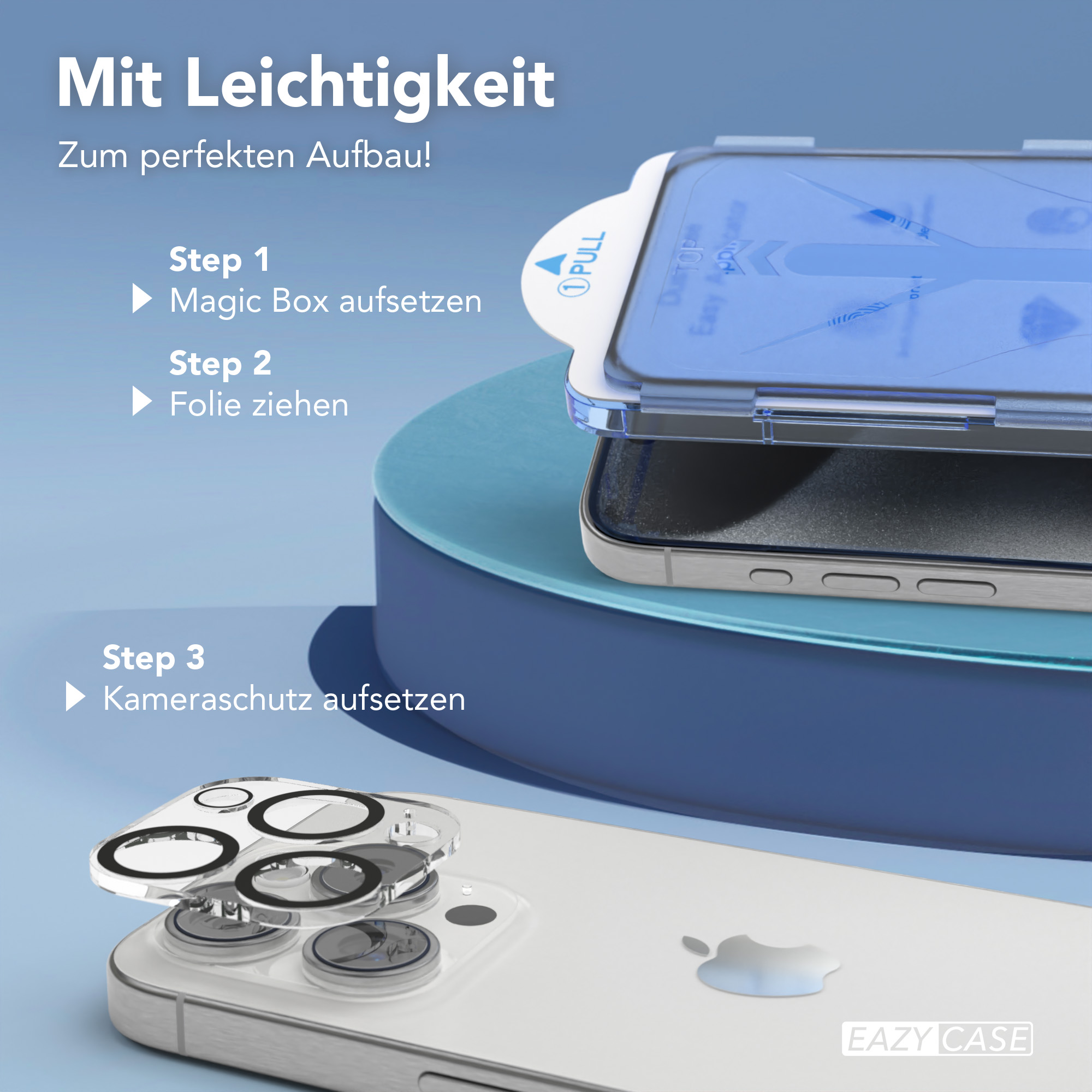 Handy-Displayschutzfolien-Set. Anwendungsschritte sind im Hintergrund dargestellt.