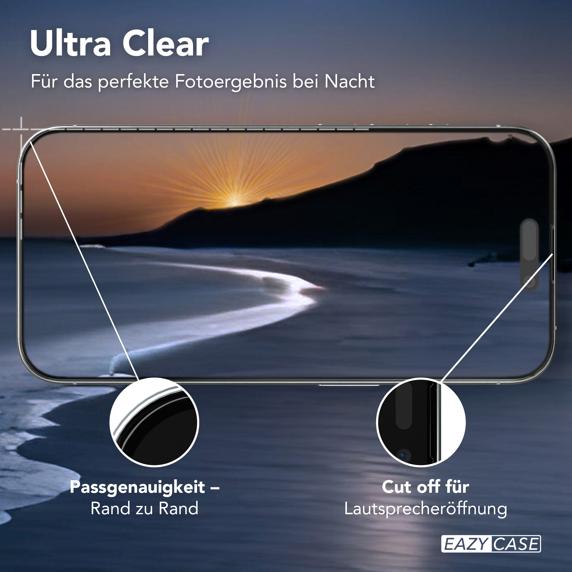Smartphone-Displayschutzfolie. Der Bildschirm zeigt einen Sonnenuntergang. Details zeigen Rand-zu-Rand-Passform und Lautsprecheröffnung.