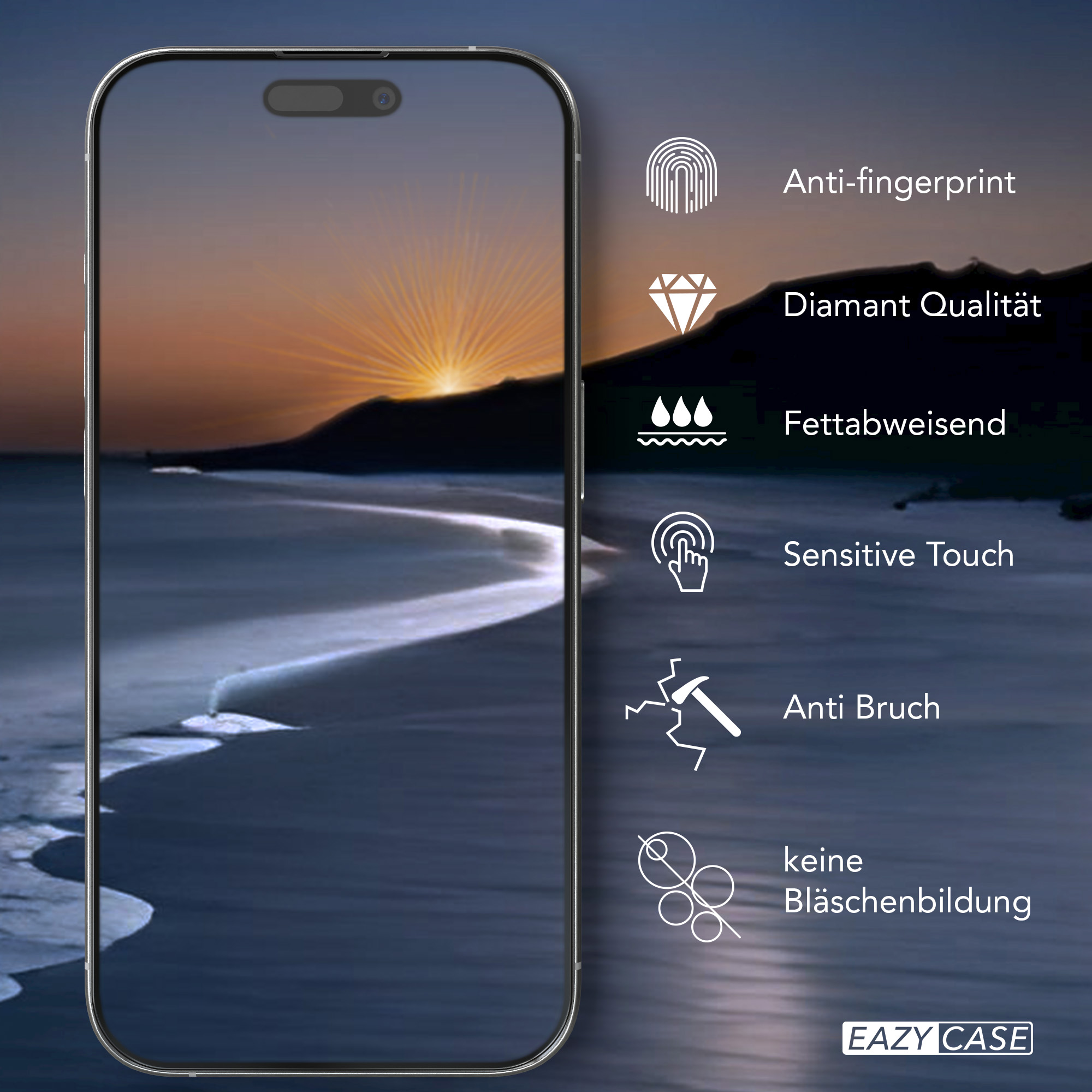 Displayschutzfolie auf Telefon. Sonnenuntergangsstrand und Symbole für Funktionen.