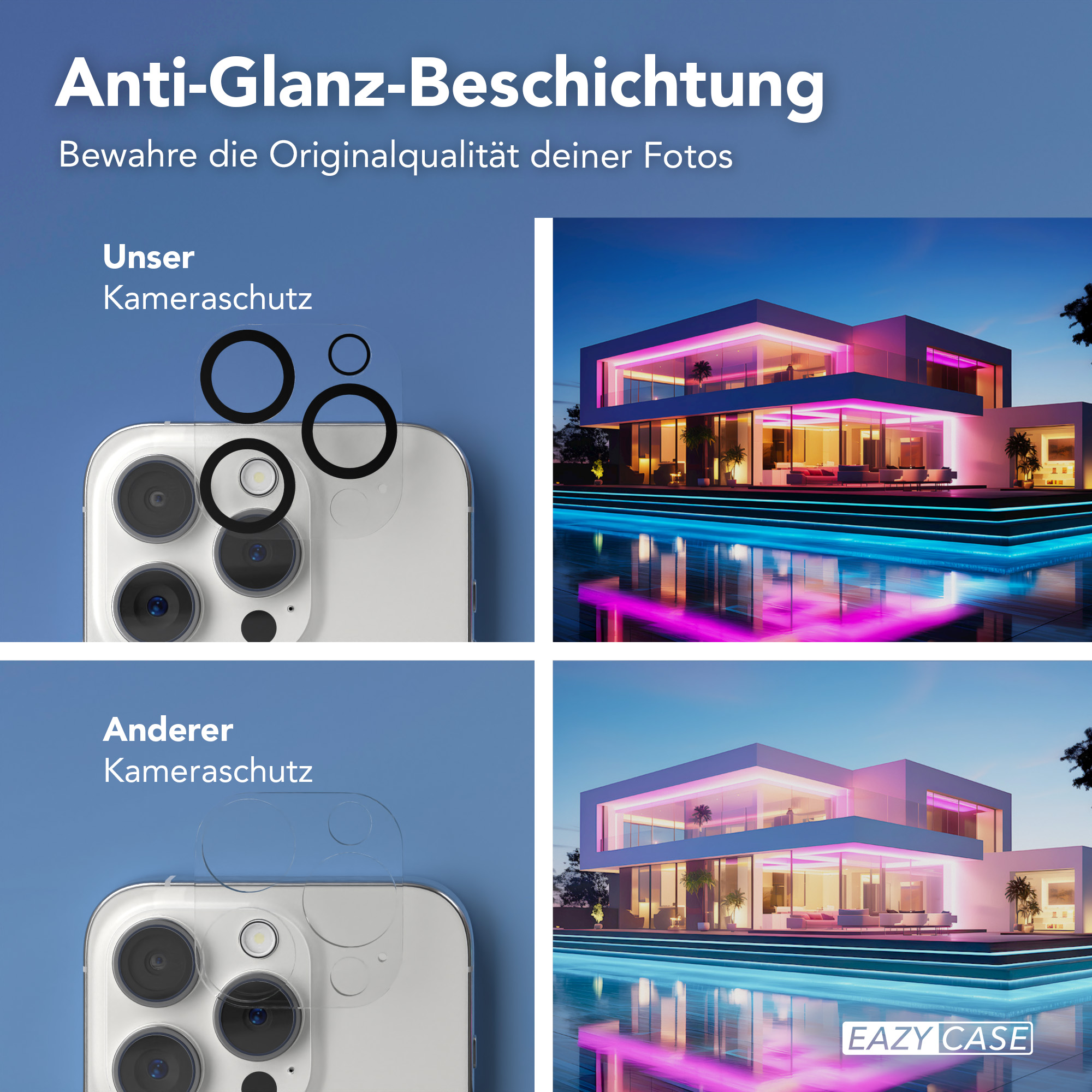 Bilder mit Handy-Kameraschutz, im Hintergrund ein modernes Haus.