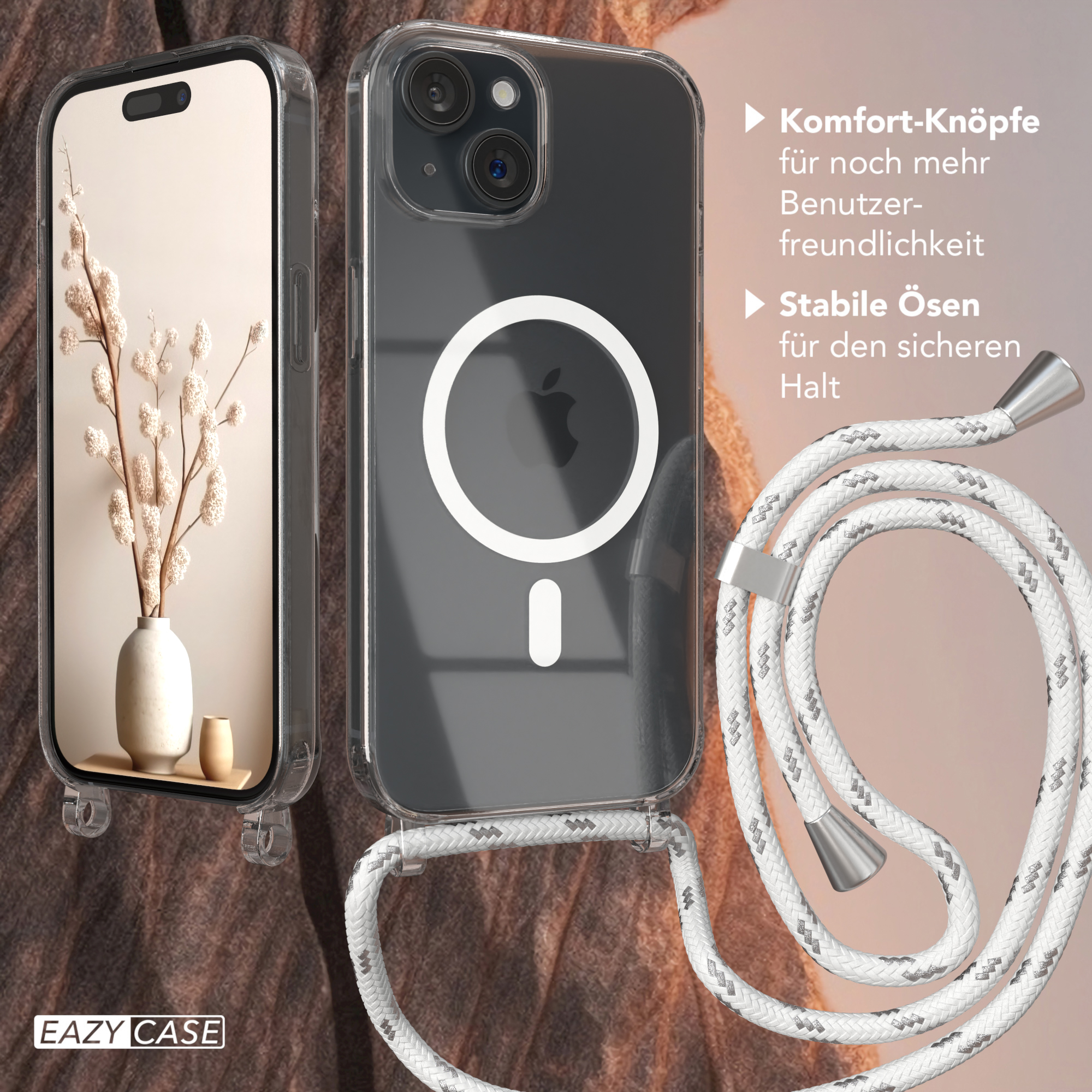Handyhülle mit Telefon, zeigt eine Hängeleine, auf braunem Hintergrund.