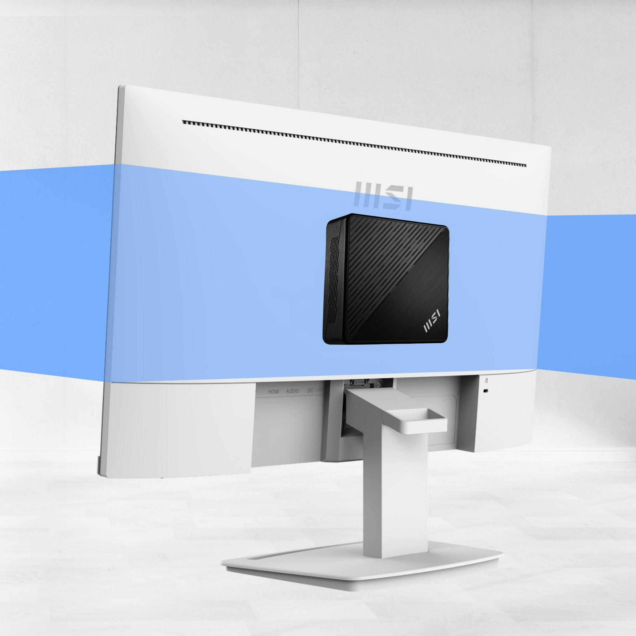 Retro di un monitor bianco con un mini PC nero collegato, blocco colore blu, sfondo bianco.