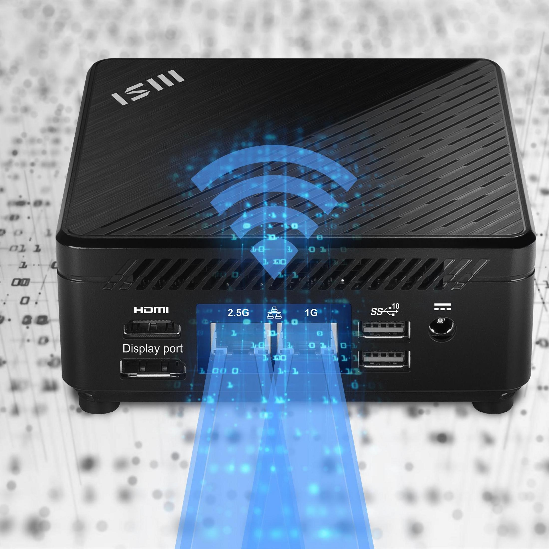 Mini PC nero con effetti di luce blu. Porte HDMI visibili. Sfondo bianco.