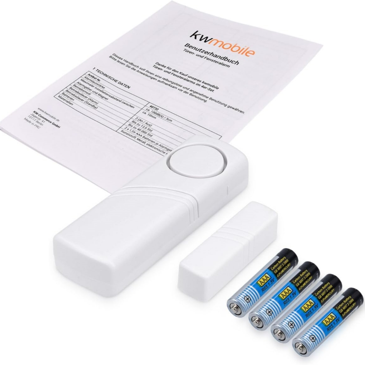 Weißes kwmobile Sicherheitsgerät-Kit, mit Batterien und Benutzerhandbuch.