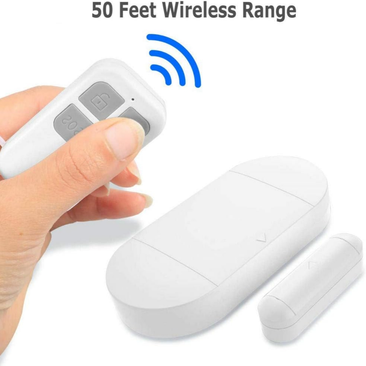 Weiße Fernbedienung und Empfänger, Text: 50 Feet Wireless Range, isoliert auf weißem Hintergrund.