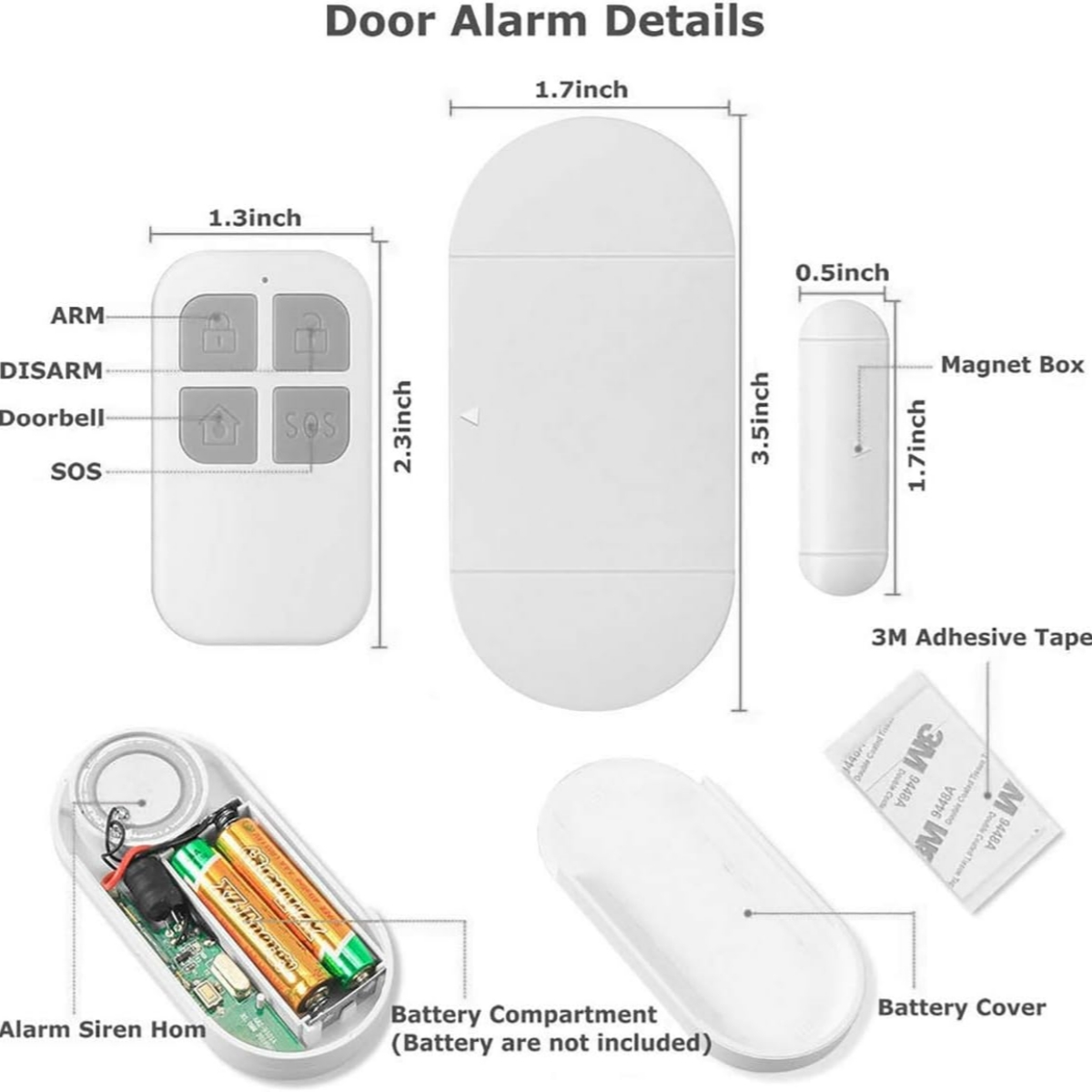 Tür-Alarm-Komponenten auf Weiß, mit Abmessungen und Beschriftungen. Enthält Batterie und Abdeckung.