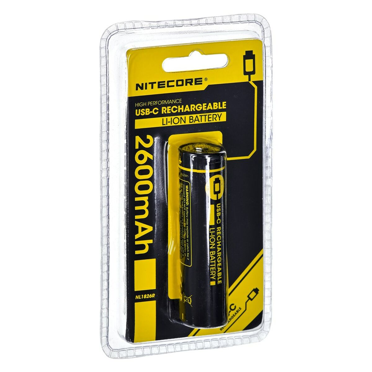 Batteria nera in confezione di plastica trasparente. Confezione giallo-nera con testo: 2600mAh, USB-C ricaricabile.