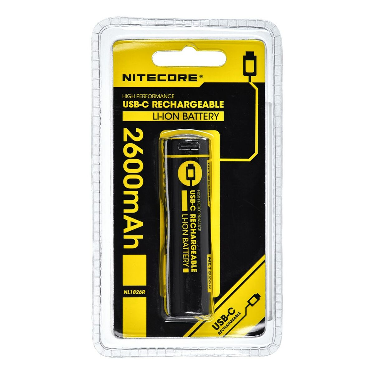 Batteria al litio ricaricabile USB-C in blister con testo: 2600mAh, USB-C ricaricabile.