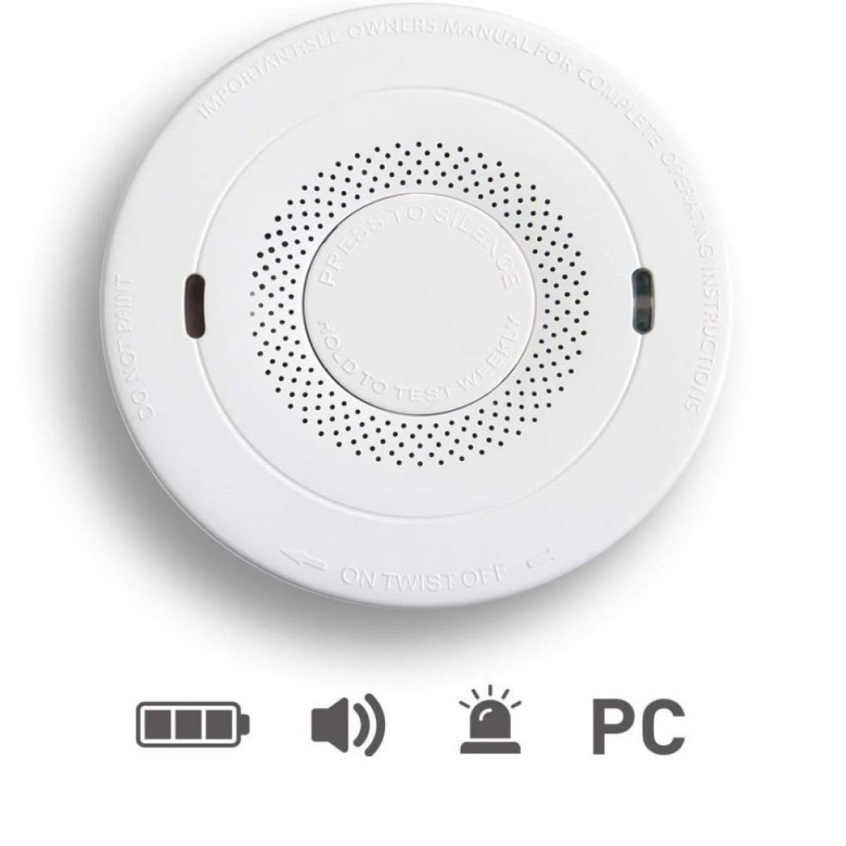 Weißer Rauchmelder mit Text 'Press to Silence Hold to Test' und Symbolen für Batterie, Lautsprecher und PC.