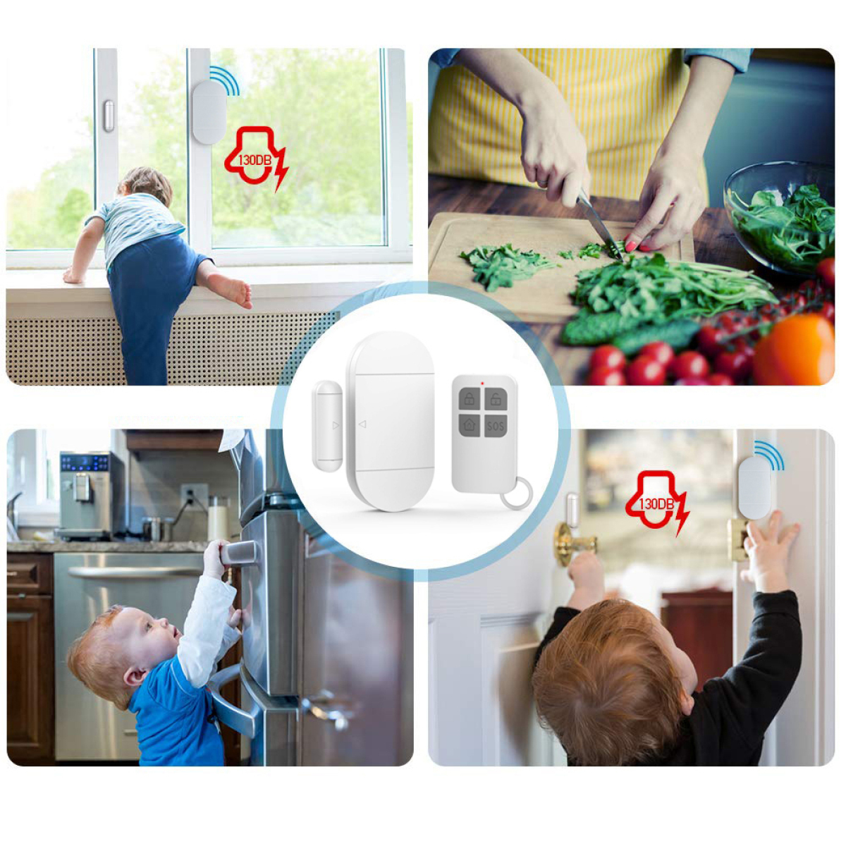 Bildcollage: Kind am Fenster, Frau hackt Essen, Kind berührt Tür, mit Sicherheitsvorrichtungen.