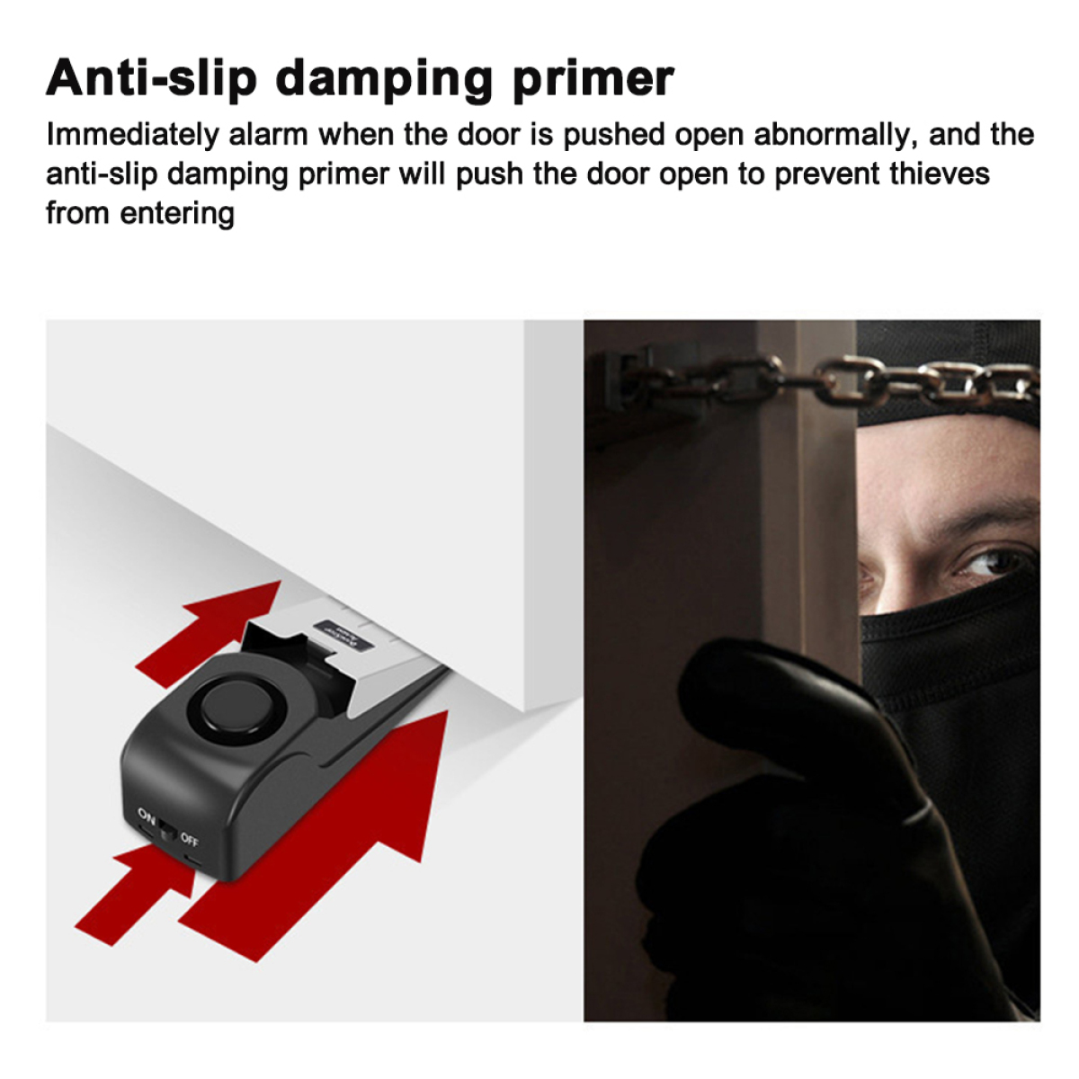 Bild mit Text über Anti-Rutsch-Dämpfer, Tür und Person im Schatten.