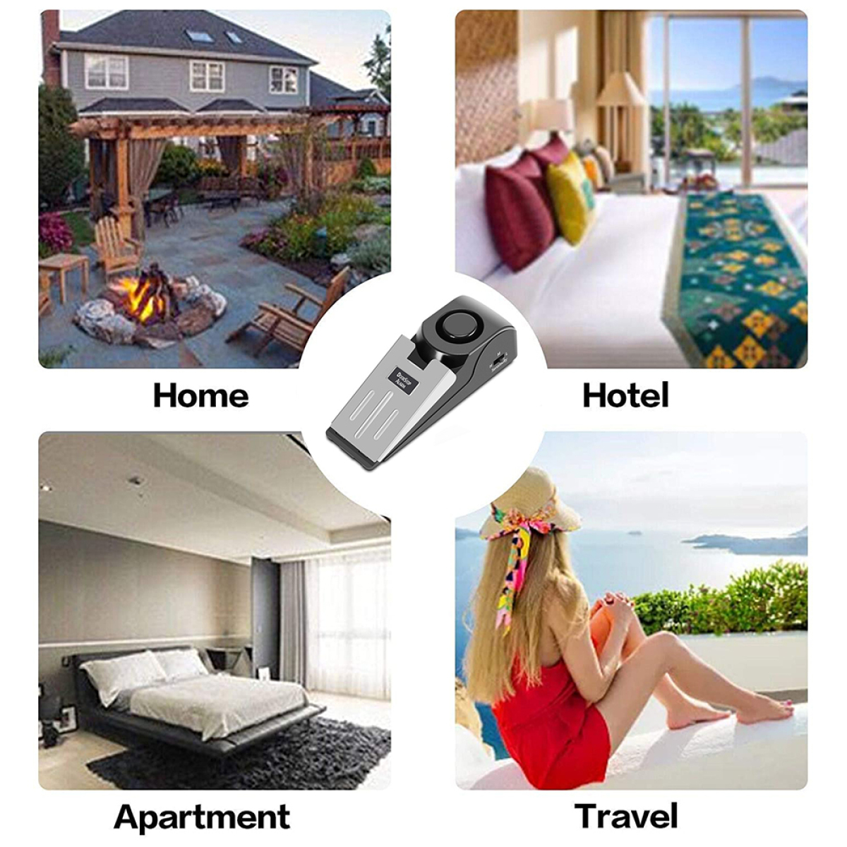 Vier Bilder, die ein Haus, ein Hotel, ein Apartment und eine Person am Strand zeigen. Ein Türstopper in der Mitte.