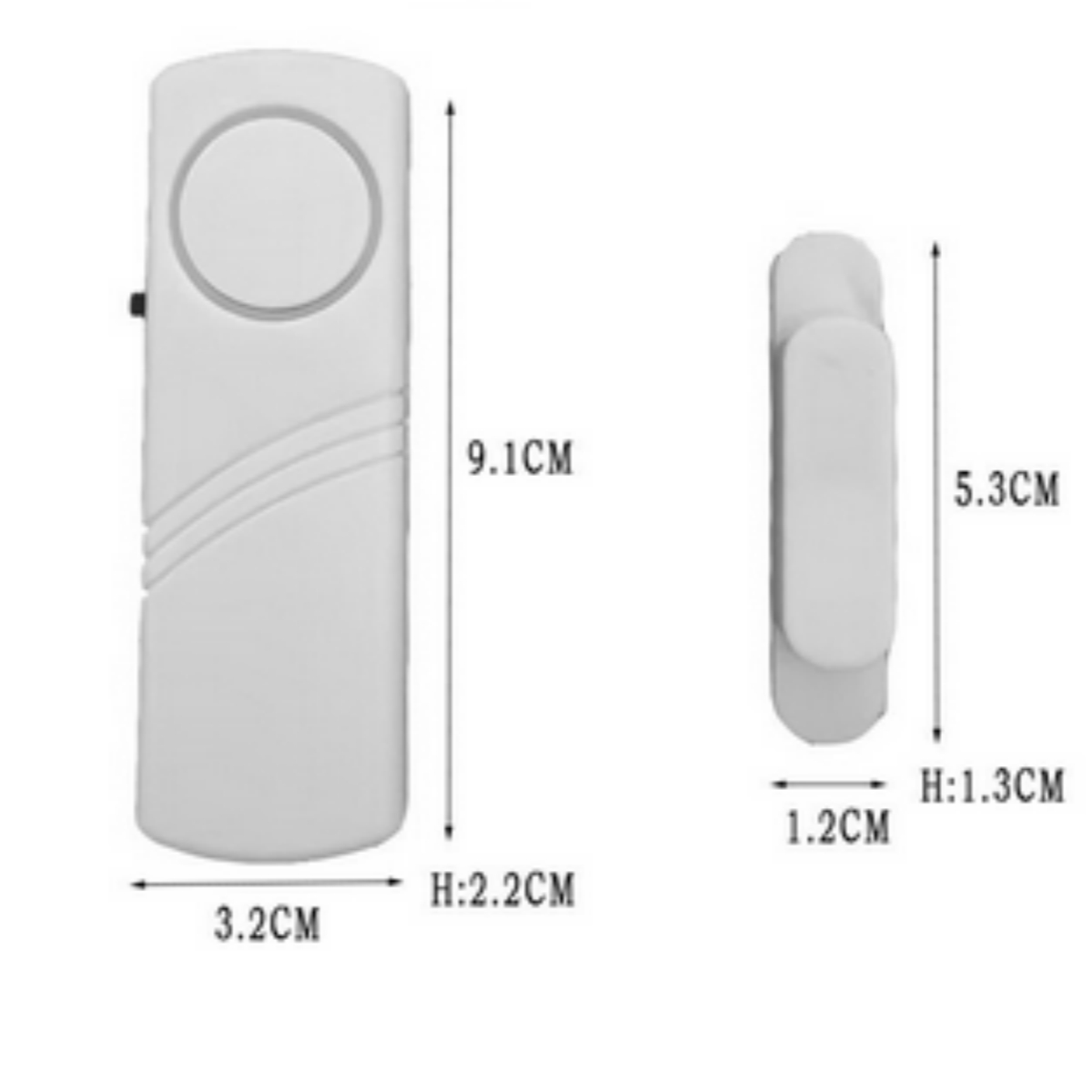 Weißer Alarmsensor mit Maßen. Ein Teil hat einen Kreis, der andere ist rechteckig. Abmessungen sind angegeben.