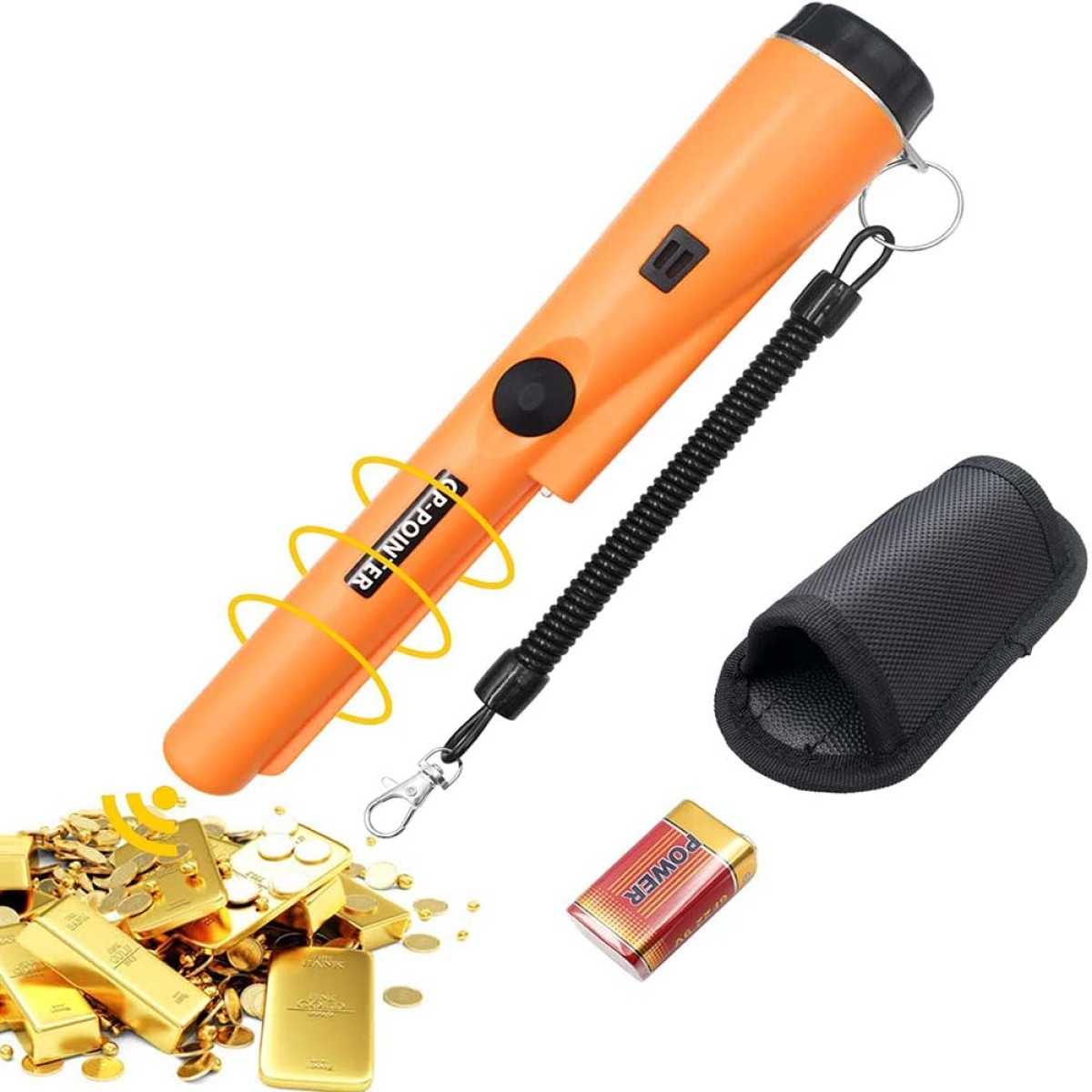 Oranger Metalldetektor mit schwarzem Griff, Batterie und Goldbarren. Eine gelbe Wellengrafik geht davon aus.