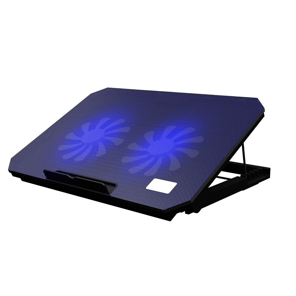 Ein schwarzes und blaues Laptop-Kühlpad mit zwei leuchtenden Lüftern. Das Pad ist angewinkelt.