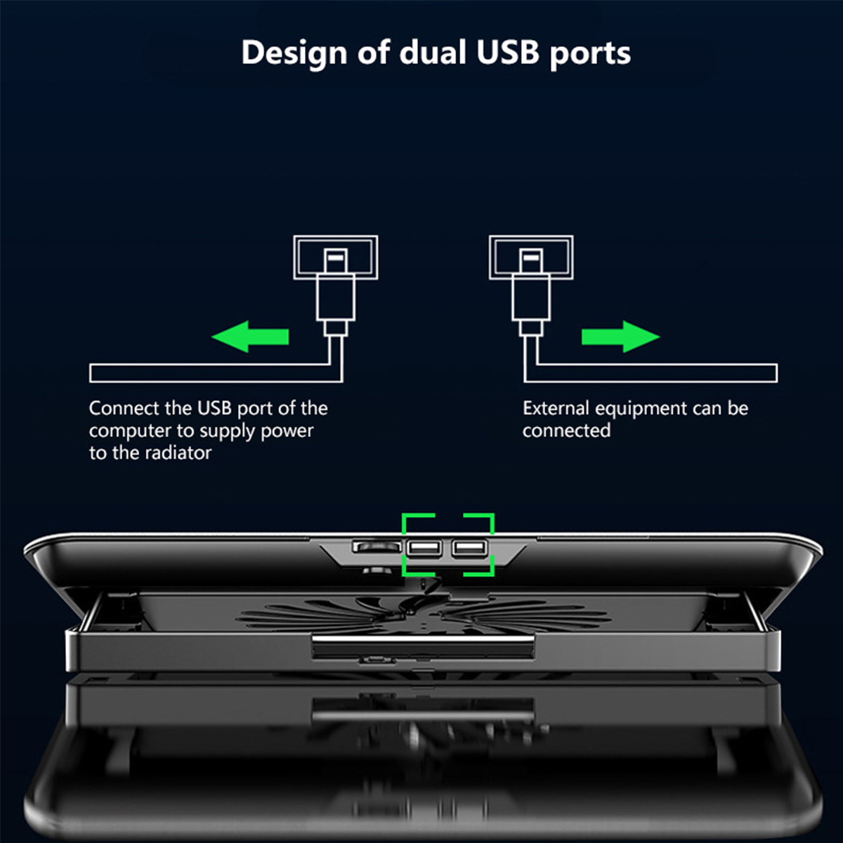 Illustration von zwei USB-Anschlüssen auf einem schwarzen Kühlpad. Grüne Pfeile zeigen die Richtung an.