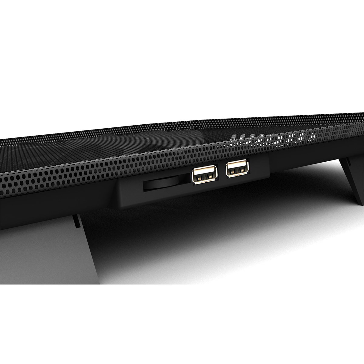 Schwarzes Laptop-Kühlpad mit USB-Anschlüssen, schräge Ansicht.