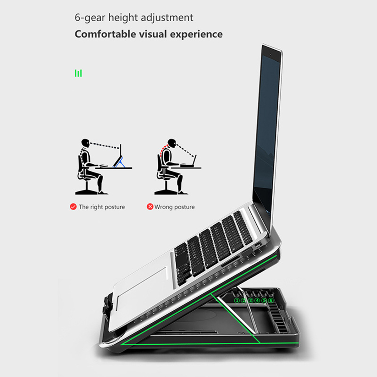 Ein Laptop auf einem Ständer, der die richtige und falsche Körperhaltung für den Benutzer zeigt.