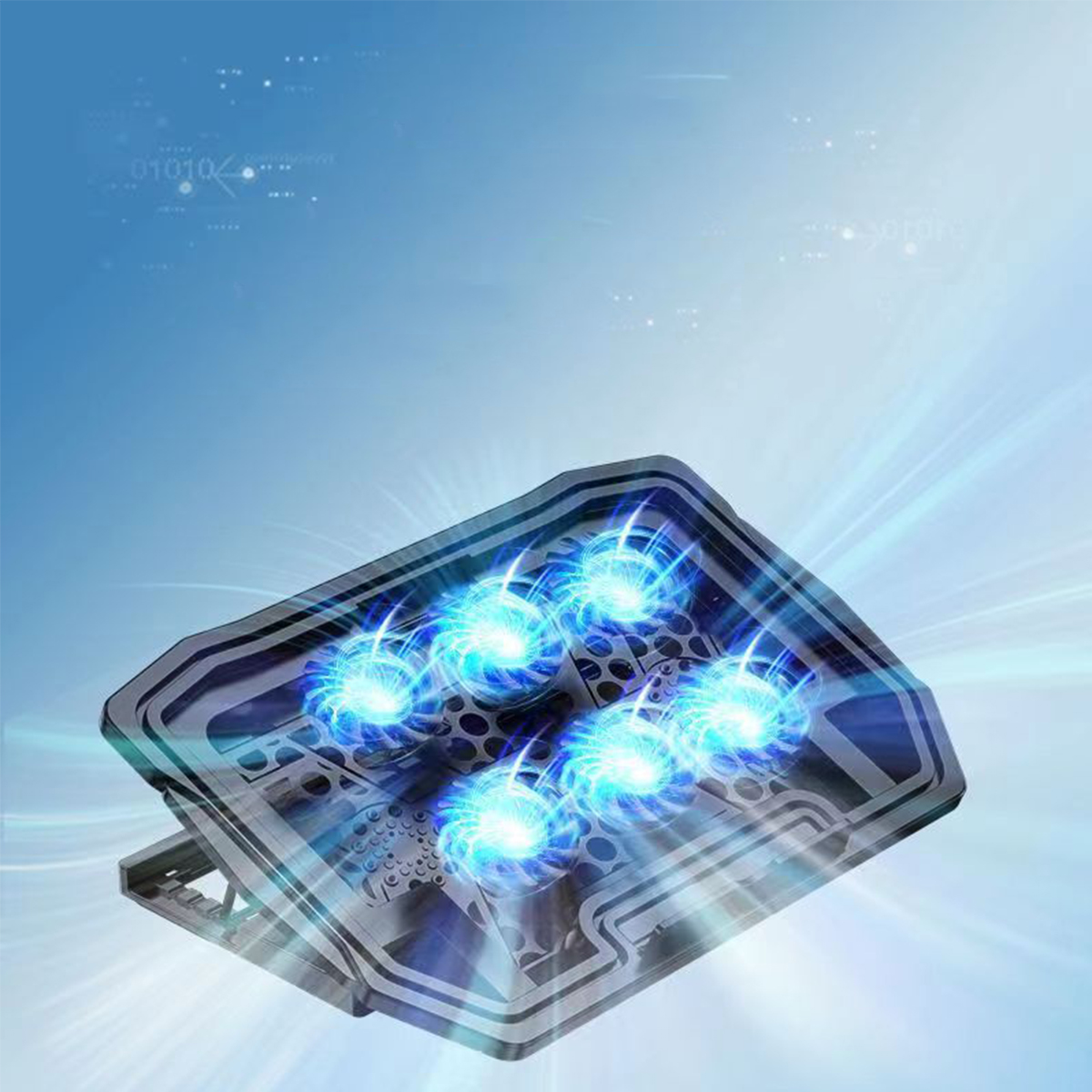 Ein Kühlpad mit mehreren blauen Lüftern. Die Lüfter leuchten blau. Der Hintergrund ist blau.