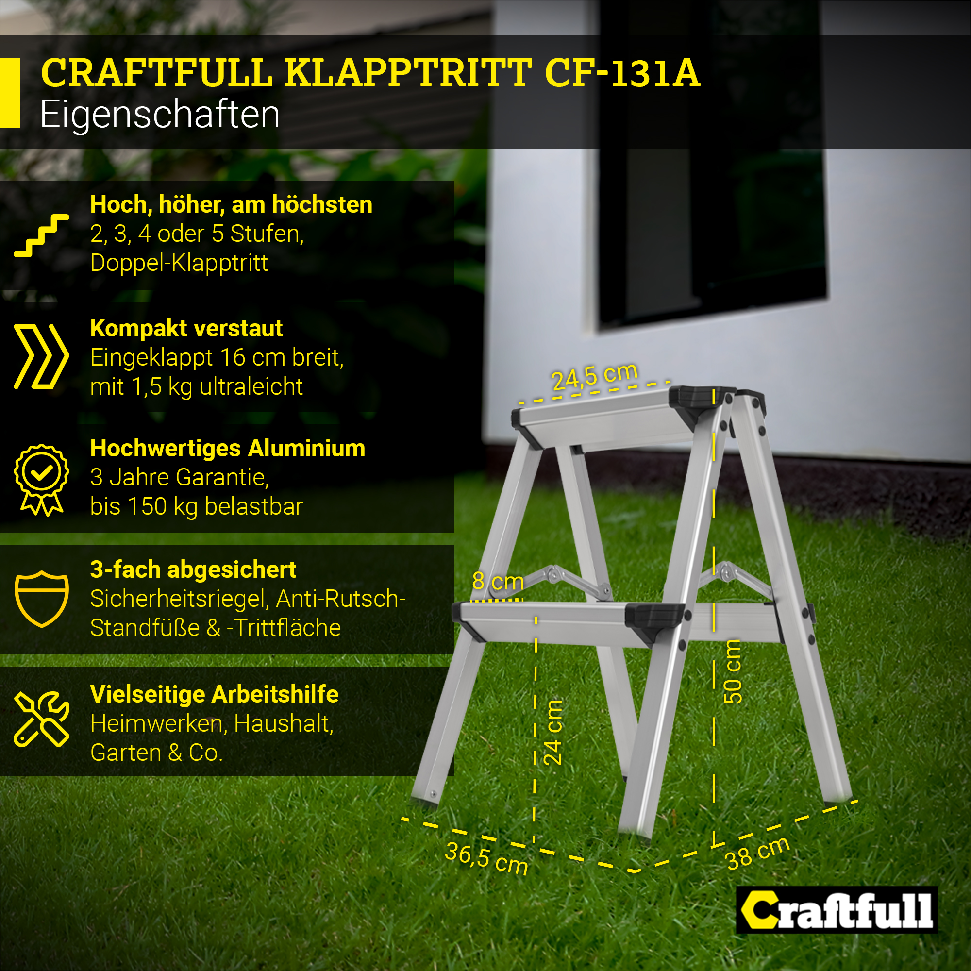 Klapptrittleiter mit Abmessungen. Zu den Merkmalen gehören 3-fache Sicherheit, Leichtbauweise und Aluminium.