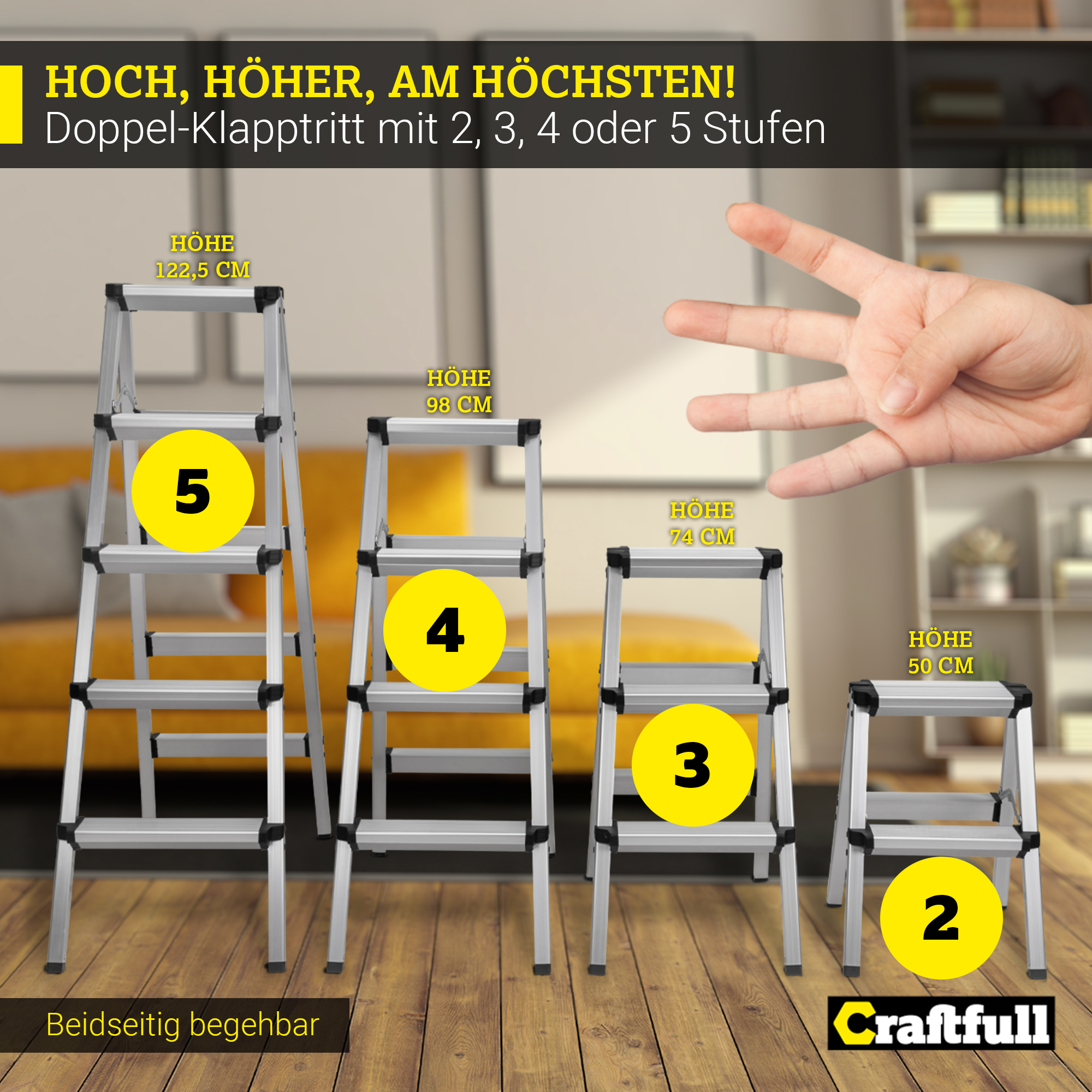 Vier Stehleitern unterschiedlicher Höhe. Jede Leiter hat eine Nummer, von 2 bis 5, mit Höhenangaben.
