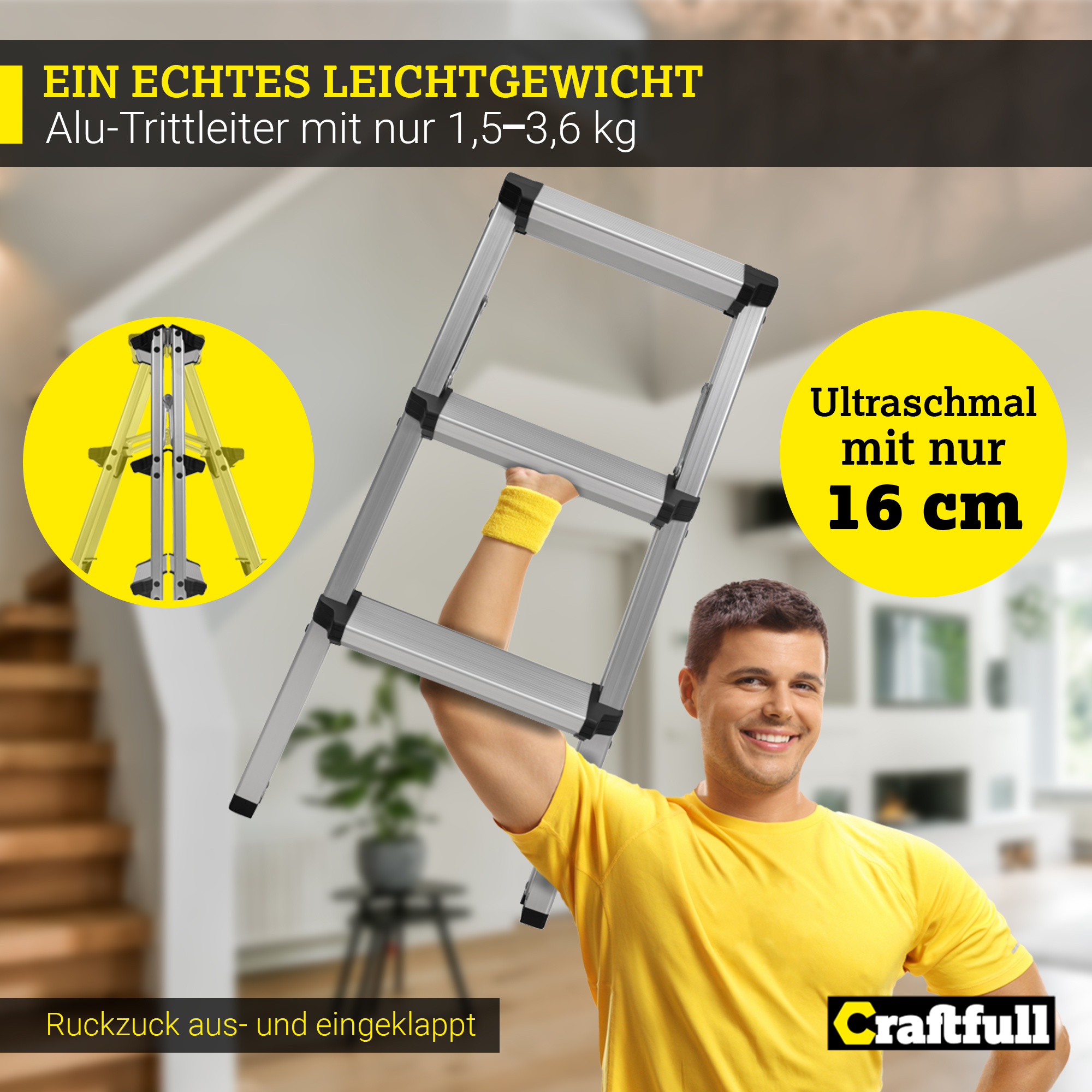 Mann hält silberne Faltleiter mit Text über ihre Eigenschaften.