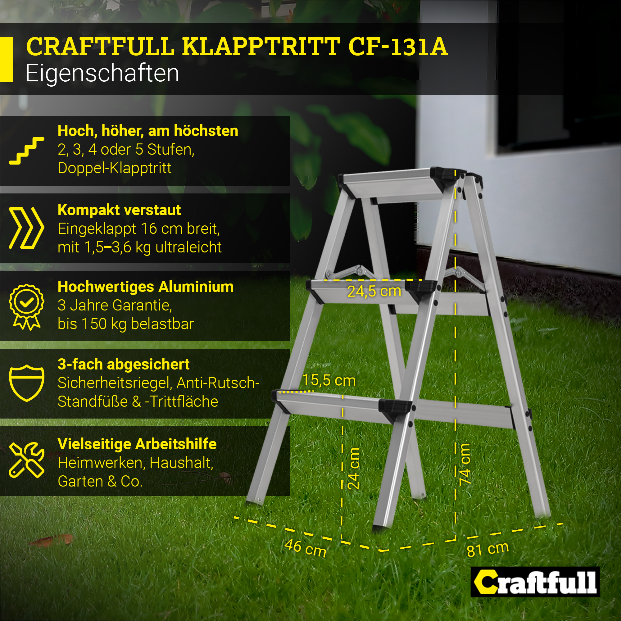 Eine silberne Klapptrittleiter mit Sicherheitsmerkmalen auf grasigem Hintergrund.