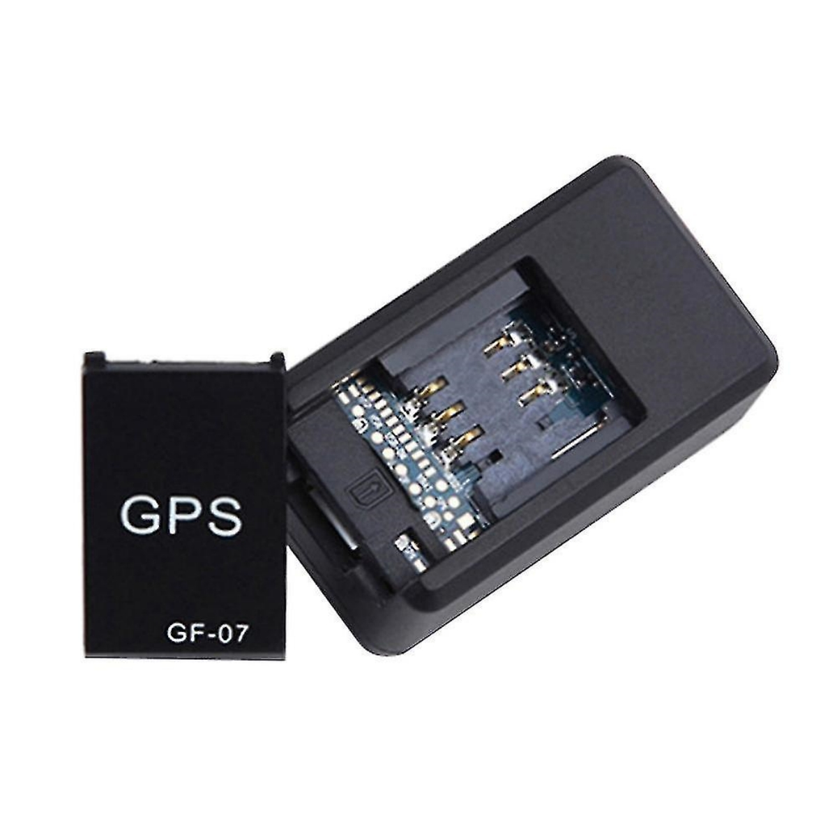 Schwarzer GPS-Tracker mit offenem Fach und GPS-Etikett.