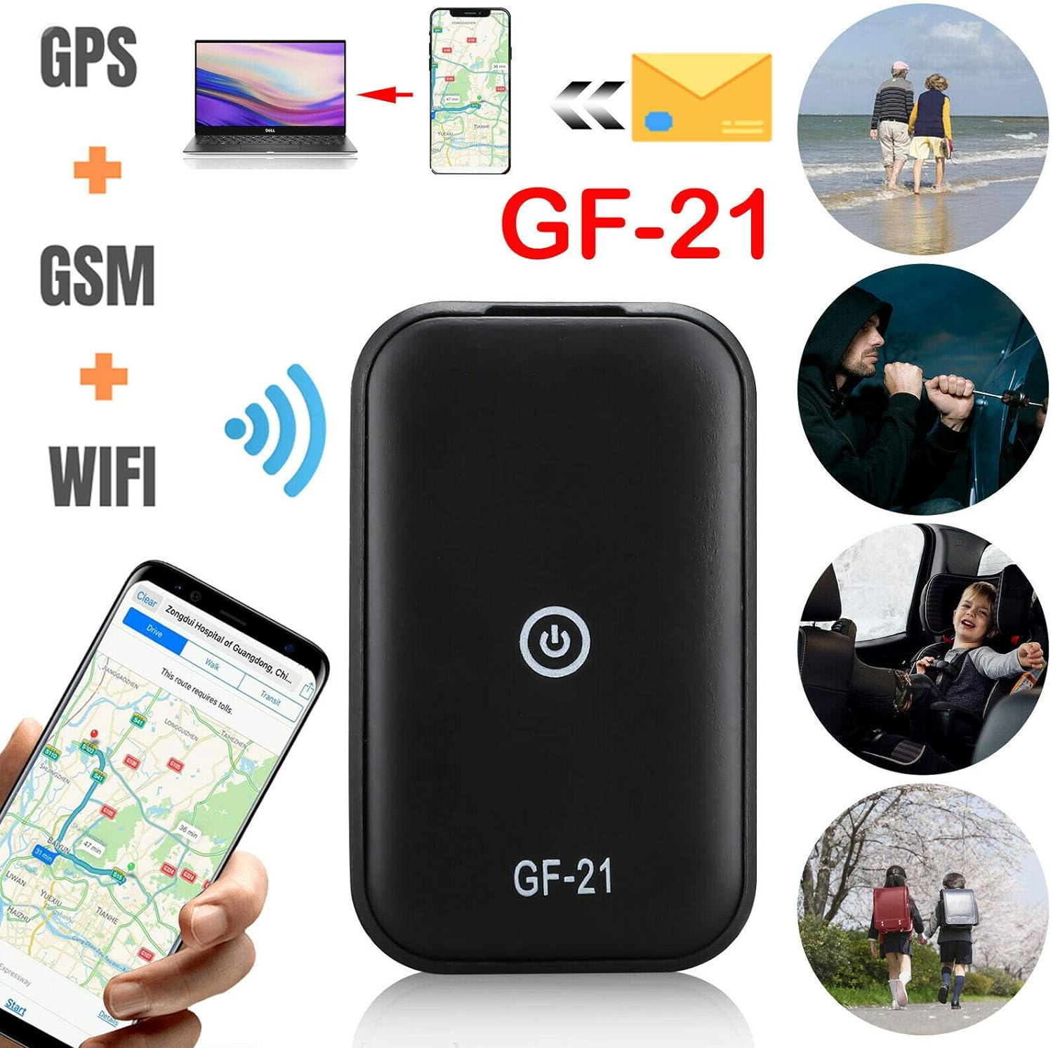 Ein schwarzer GPS-Tracker mit Bildern: Laptop, Telefon, Personen und Auto.
