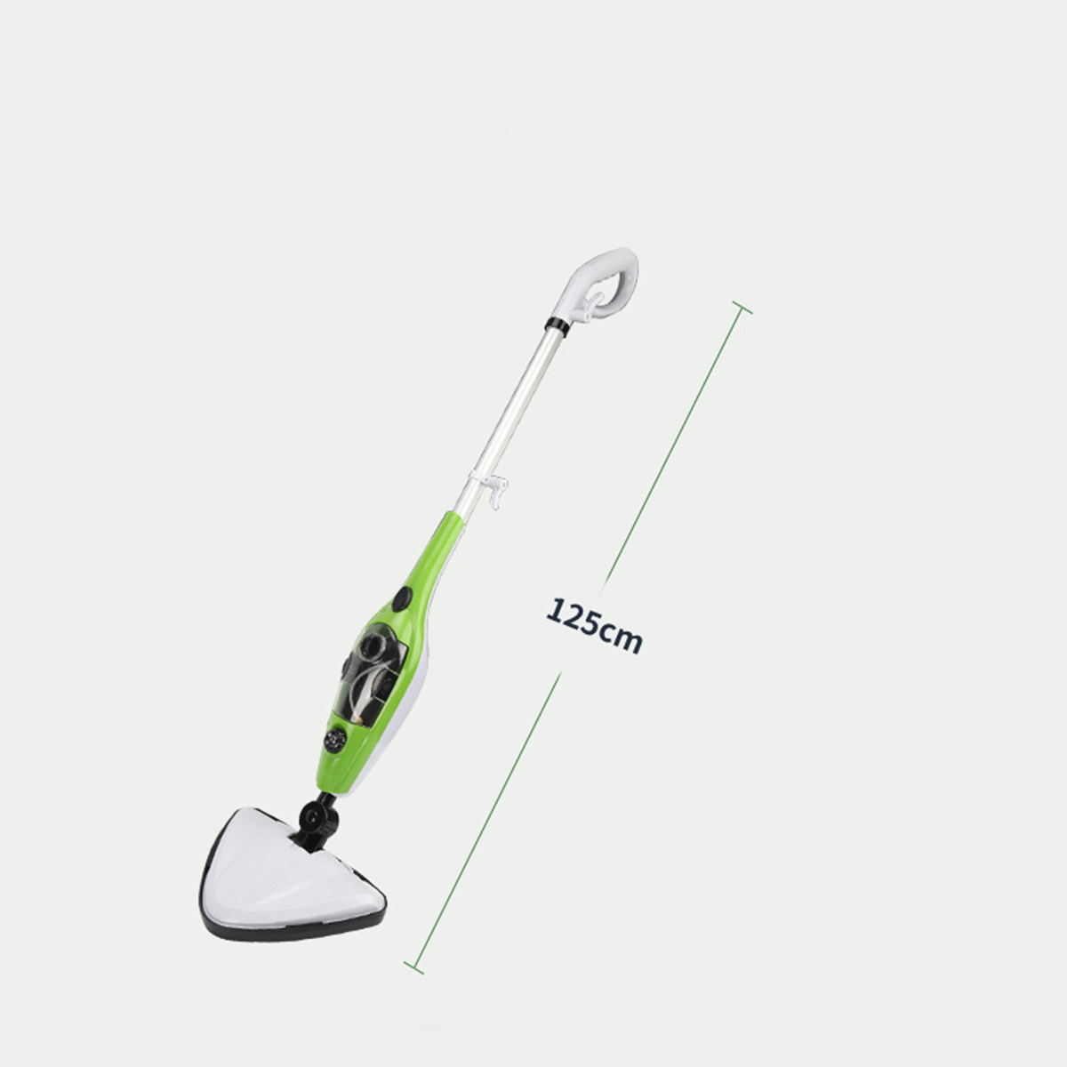 Grüner und weißer Dampfmopp, mit einem Pfeil, der eine Länge von 125 cm anzeigt.