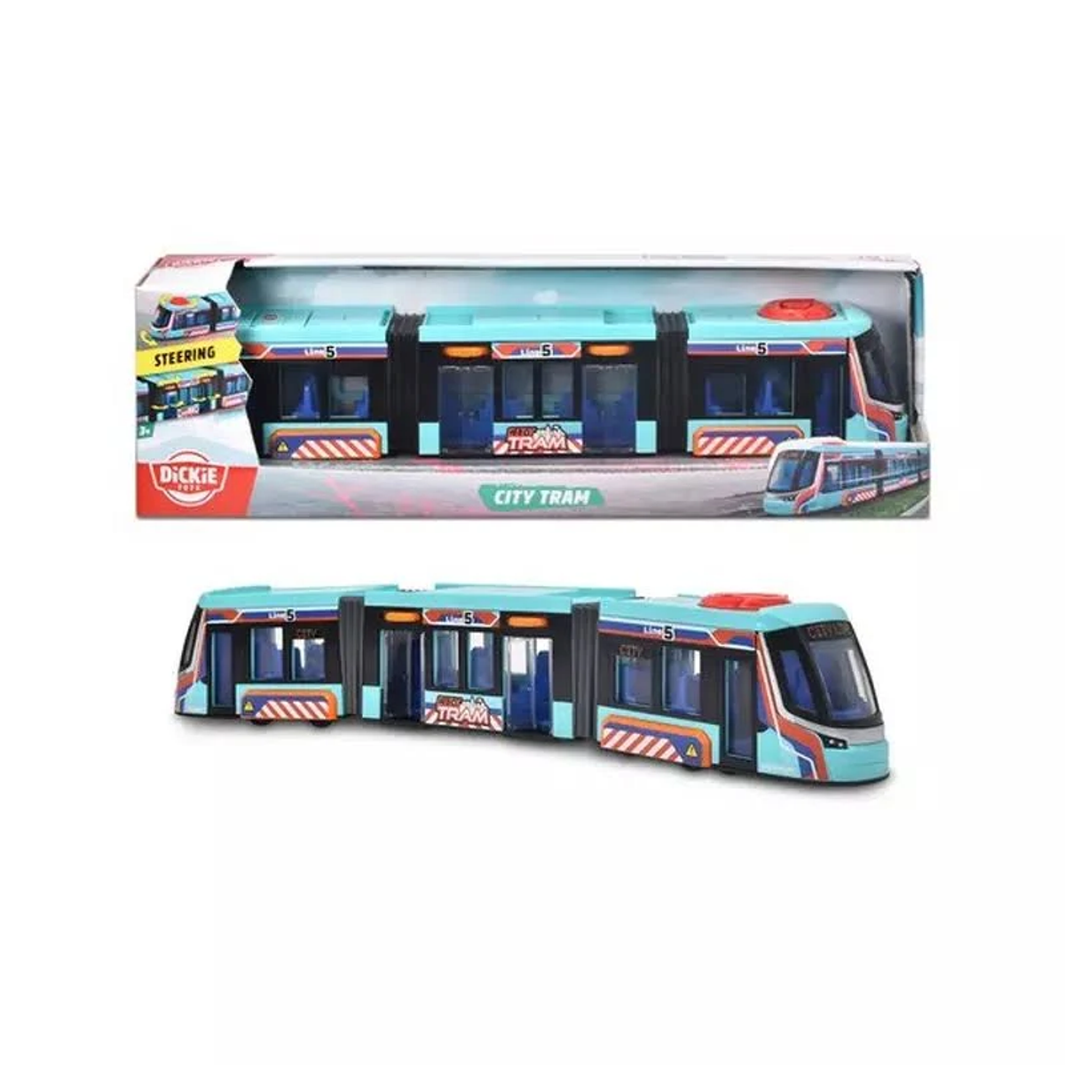 Niebiesko-biały tramwaj zabawka w pudełku i poza nim, z białym tłem.