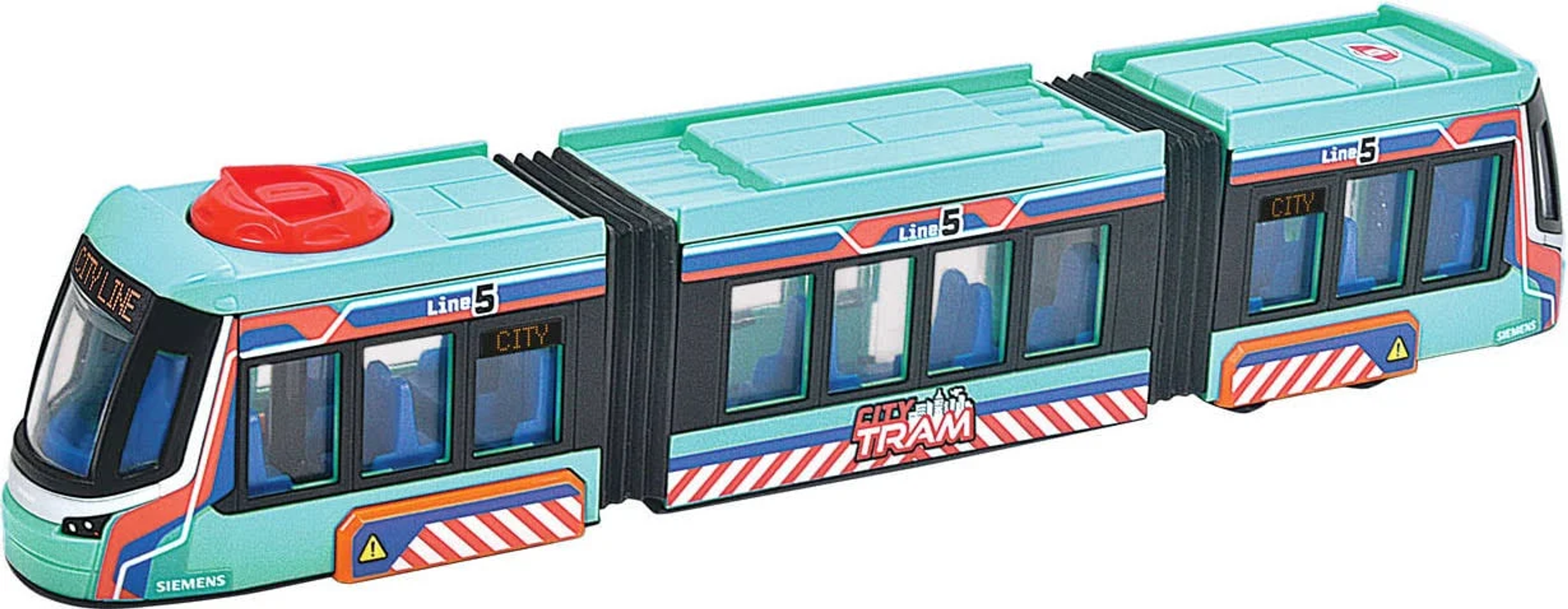 Zabawkowa kolejka, jasnoniebieska i biała, z oznaczeniami Linia 5 i City Tram, i czerwonym dachem.