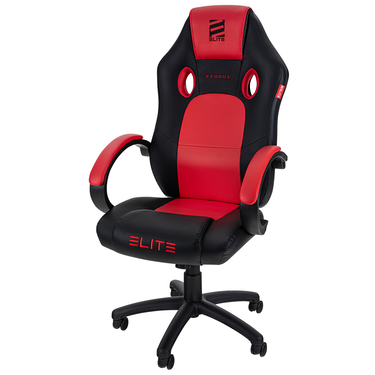 Ein schwarz-roter Gaming-Stuhl mit dem Wort 'ELITE' in Rot und 'EXODUS' auf der Kopfstütze.