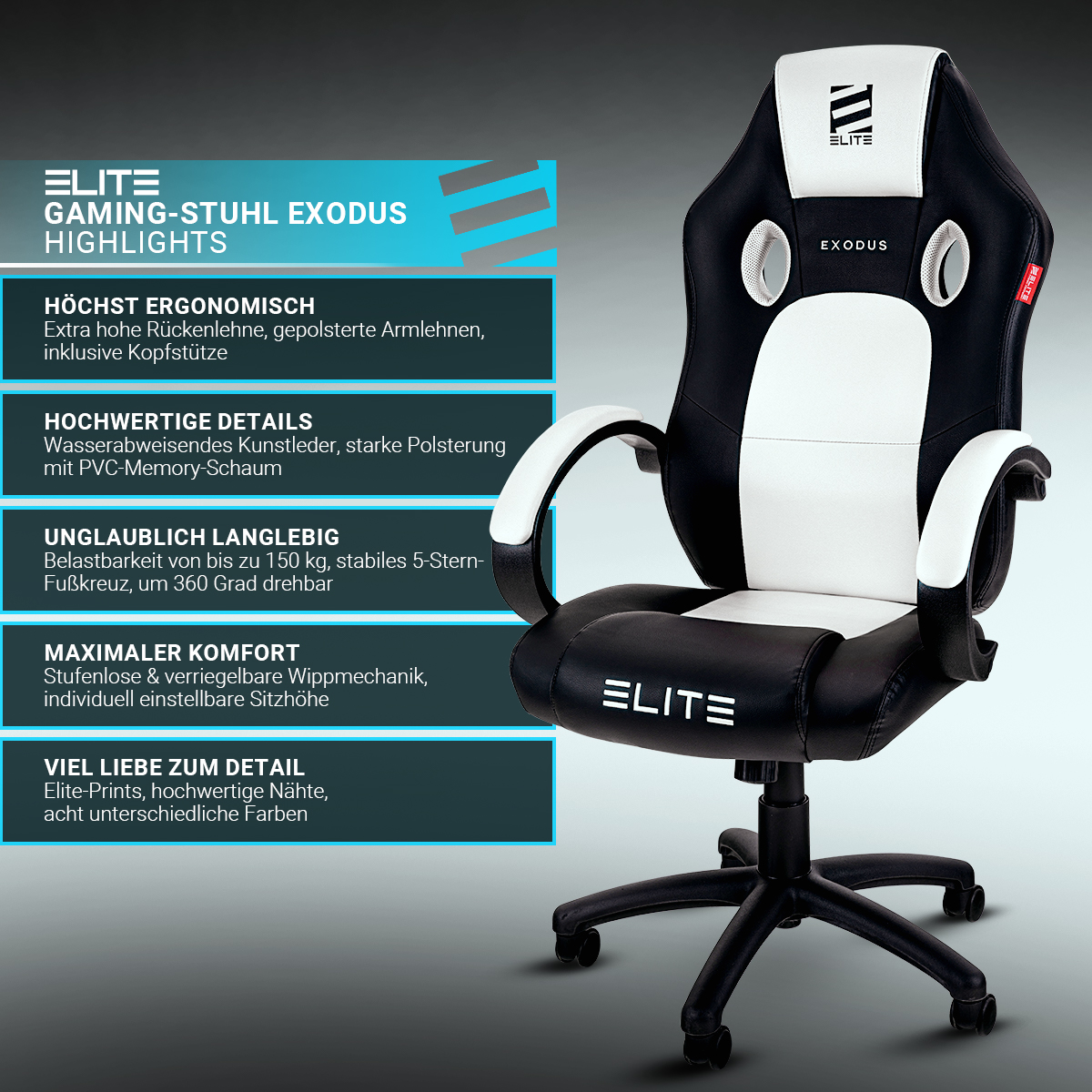 Gaming-Stuhl im Schwarz-Weiß-Design, mit hervorgehobenen ergonomischen Merkmalen.