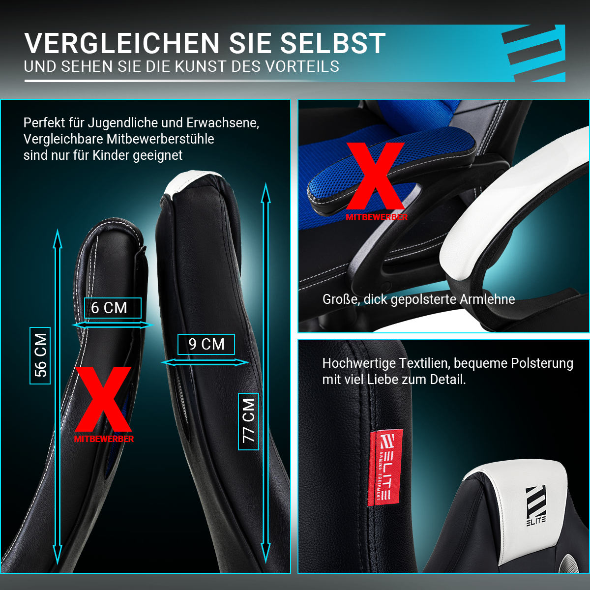 Vergleich zweier Rückenlehnen und Armlehnen von schwarzen und blauen Gaming-Stühlen.