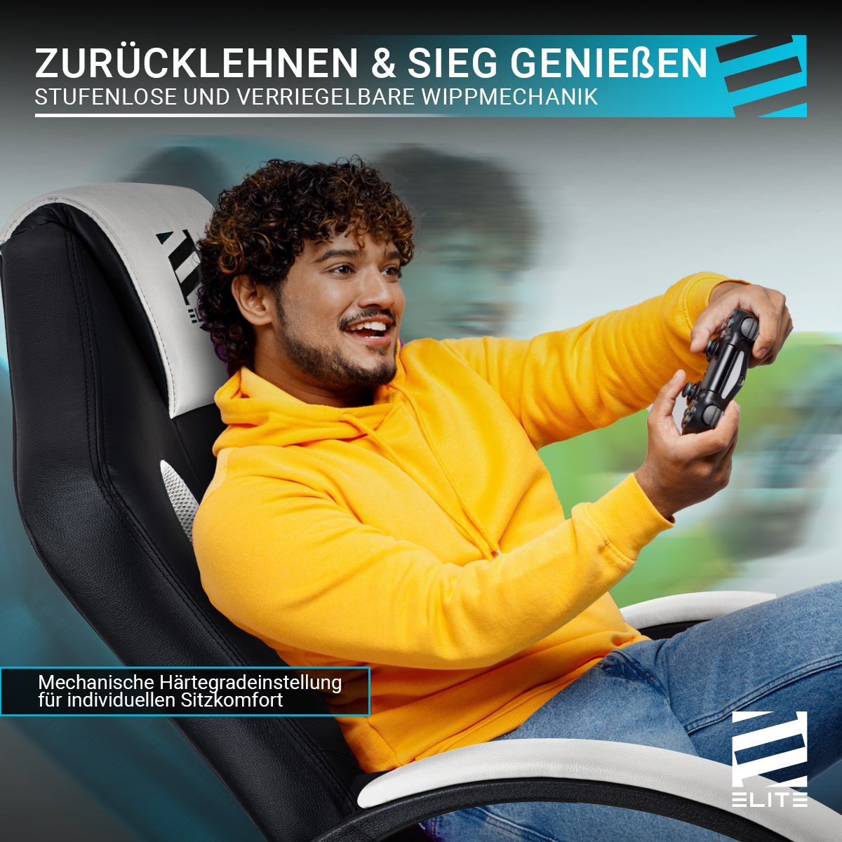 Gaming Wippmechanik, MG100 Memory-Schaum, extra hohe Stuhl, Weiß/Schwarz EXODUS, Rückenlehne, Armpolster, ELITE