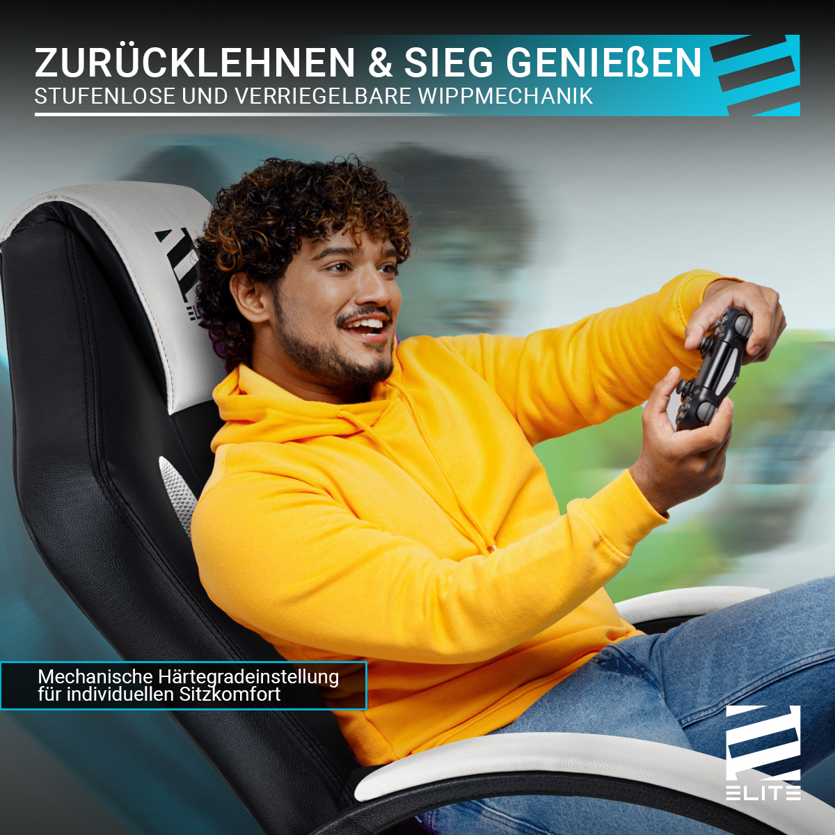 Mann in gelbem Hoodie spielt Videospiele. Er hält einen Controller.