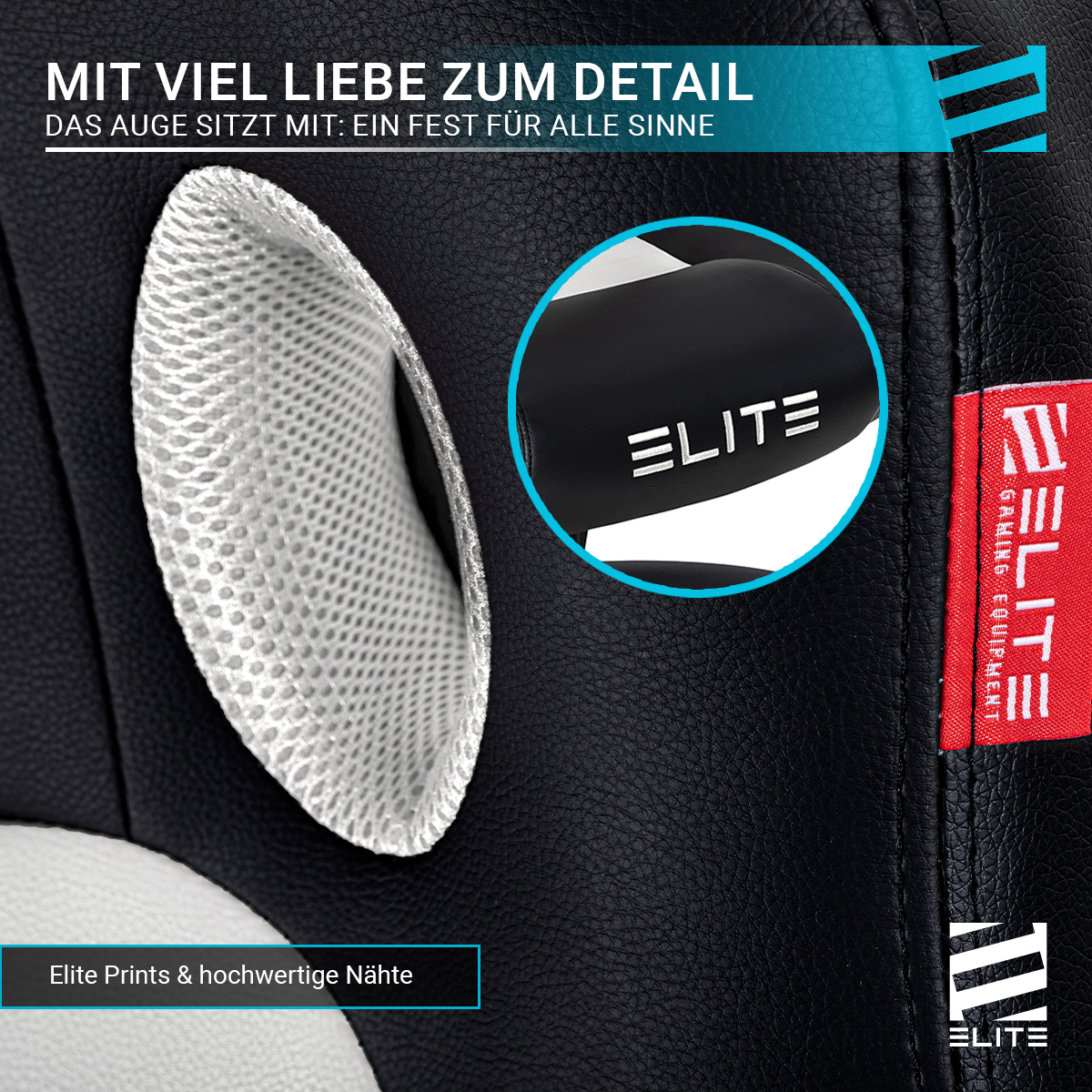 Nahaufnahme eines schwarz-weißen Gaming-Stuhldetails mit Elite-Logo, Text und weißer Mesh-Belüftung.