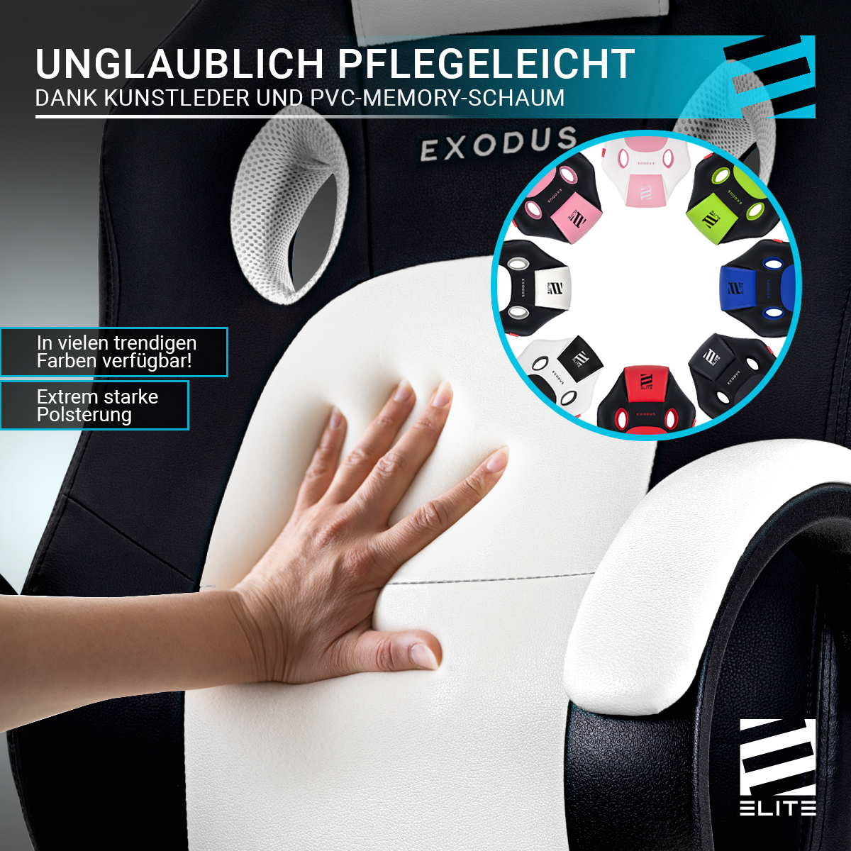 Schwarz-weißer Gaming-Stuhl, Hand berührt Armlehne, farbige Optionen gezeigt.