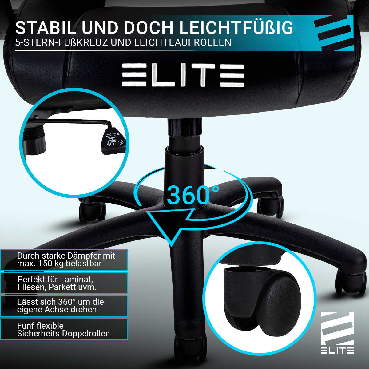 ELITE EXODUS, hohe Wippmechanik, Armpolster, Memory-Schaum, MG100 extra Schwarz/Blau Rückenlehne, Stuhl, Gaming